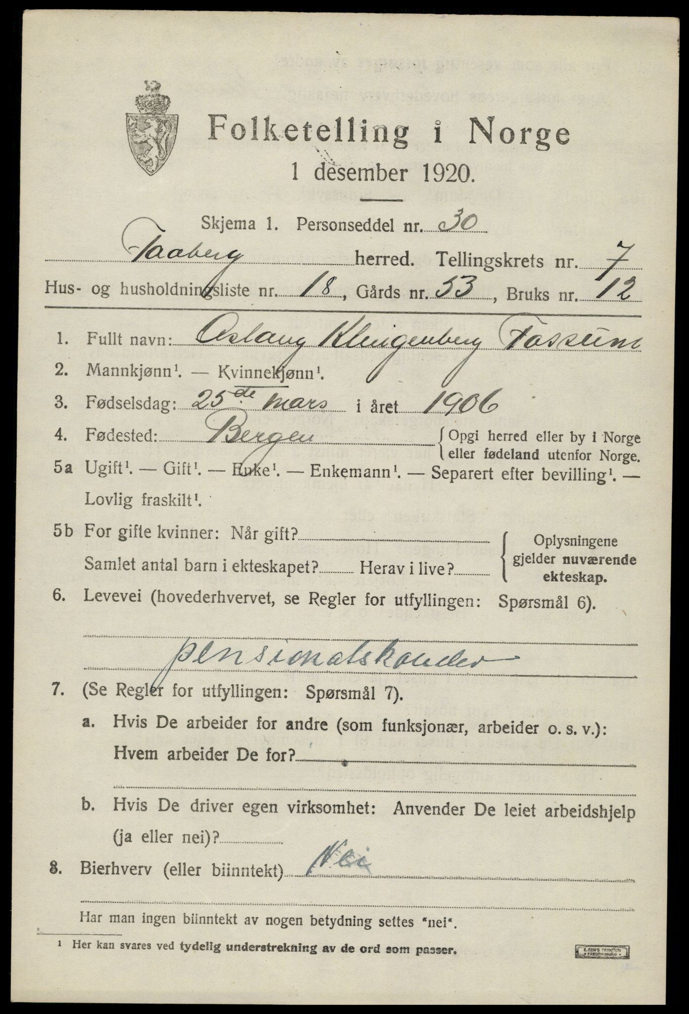 SAH, 1920 census for Fåberg, 1920, p. 8128