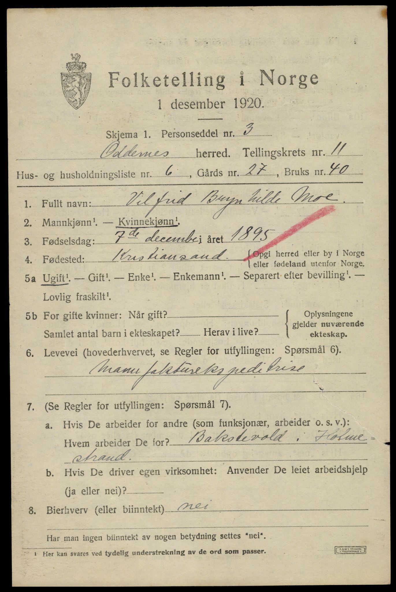 SAK, 1920 census for Oddernes, 1920, p. 7109