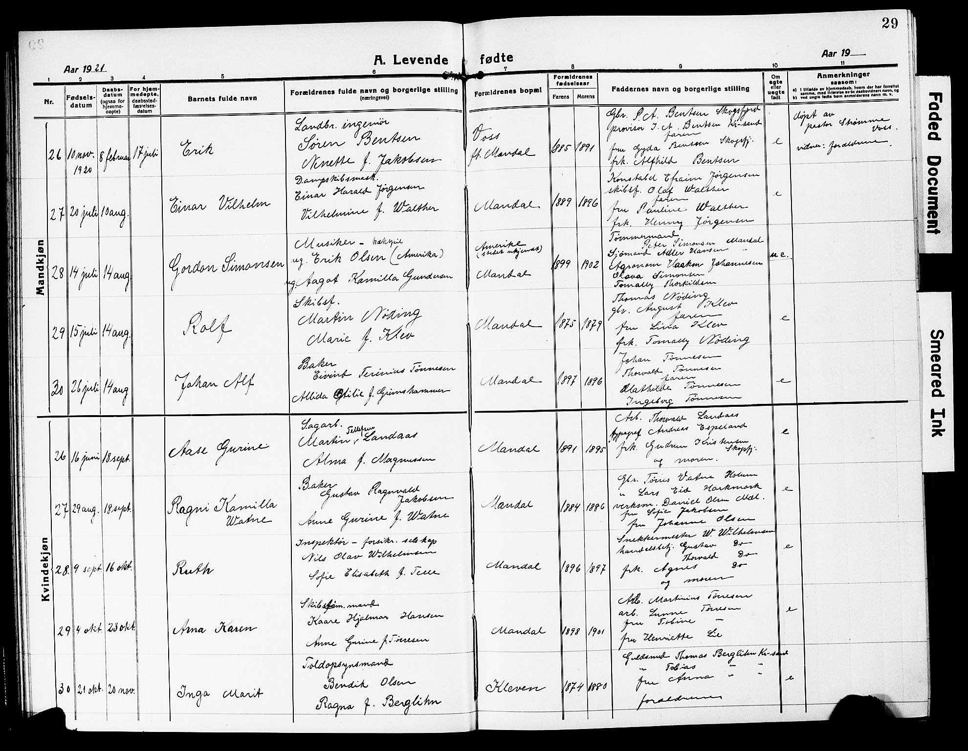 Mandal sokneprestkontor, AV/SAK-1111-0030/F/Fb/Fbc/L0001: Parish register (copy) no. B 1, 1918-1931, p. 29