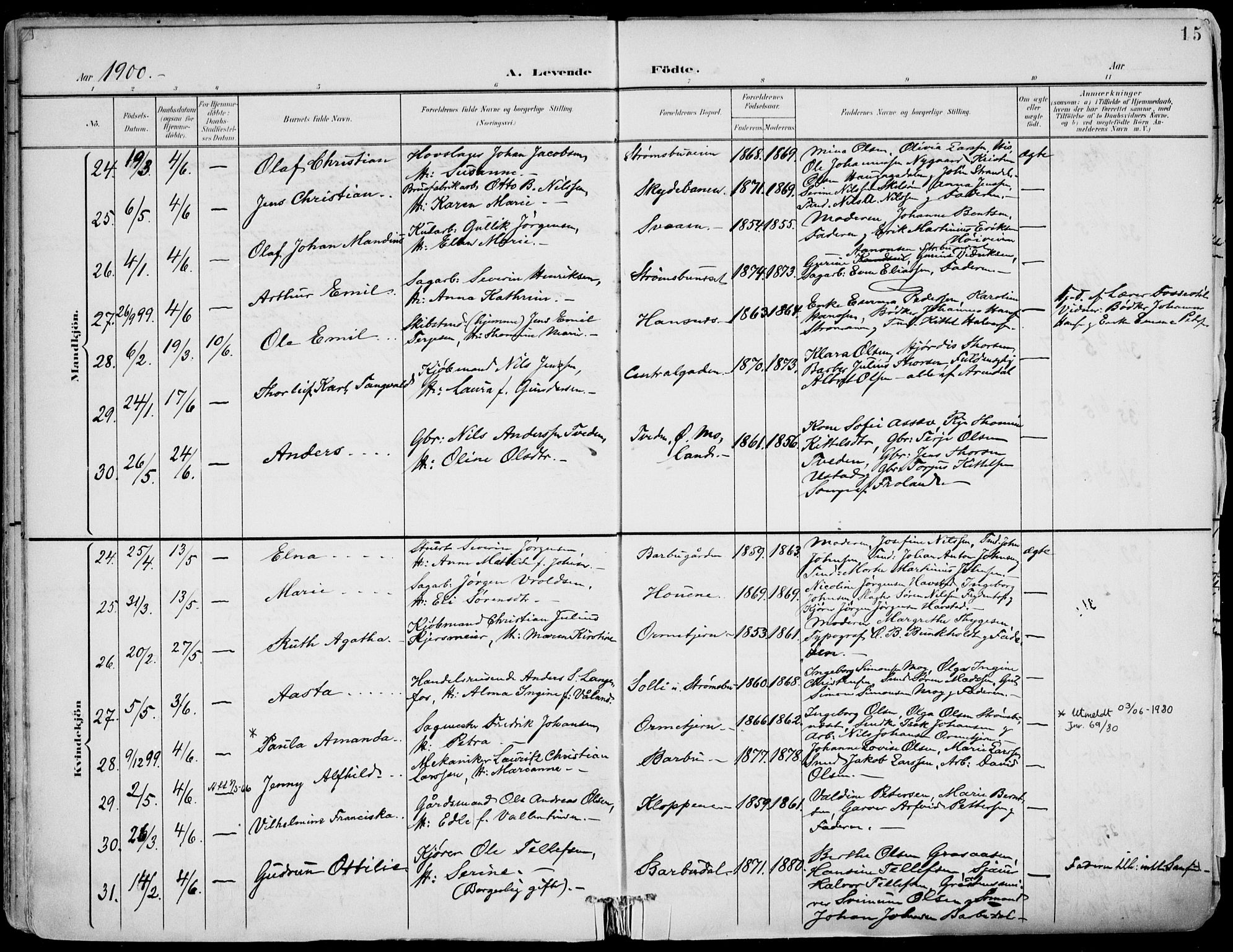 Barbu sokneprestkontor, AV/SAK-1111-0003/F/Fa/L0005: Parish register (official) no. A 5, 1899-1909, p. 15