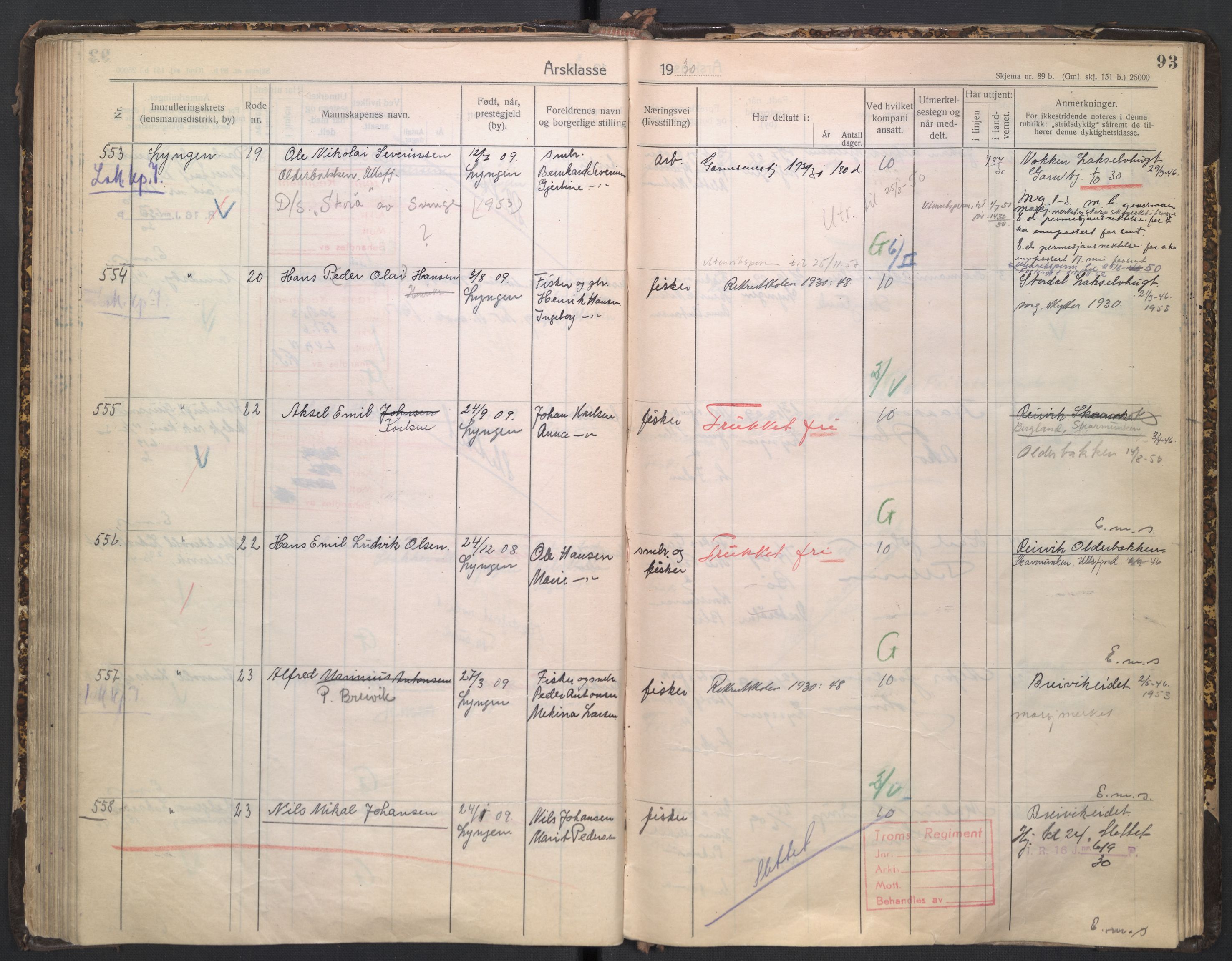 Forsvaret, Troms infanteriregiment nr. 16, AV/RA-RAFA-3146/P/Pa/L0005/0003: Ruller / Rulle for regimentets stridende menige mannskaper, årsklasse 1930, 1930, p. 93