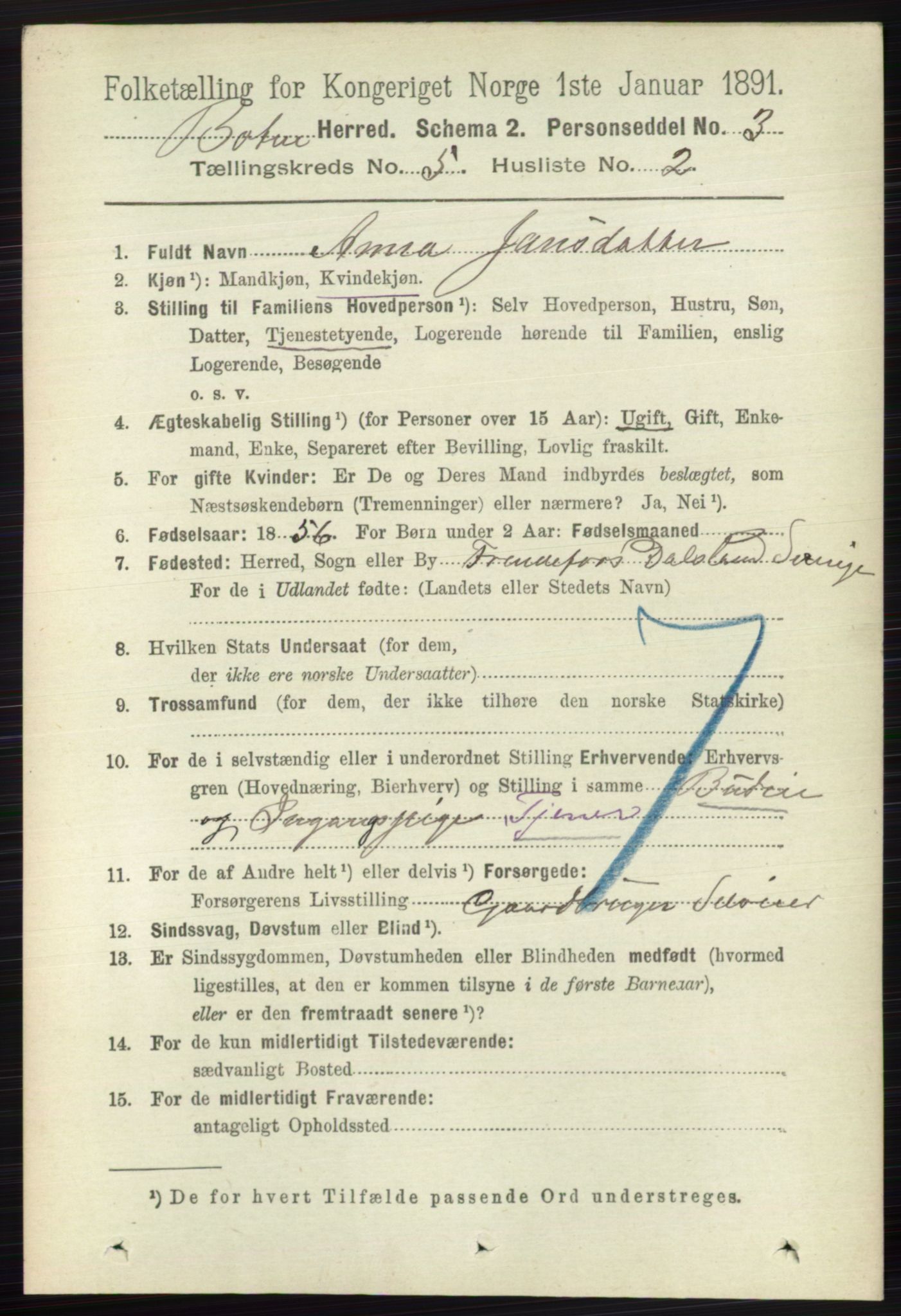 RA, 1891 census for 0715 Botne, 1891, p. 1959