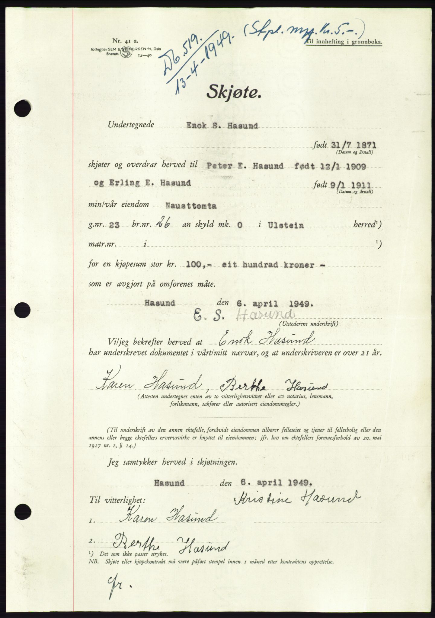 Søre Sunnmøre sorenskriveri, AV/SAT-A-4122/1/2/2C/L0084: Mortgage book no. 10A, 1949-1949, Diary no: : 519/1949