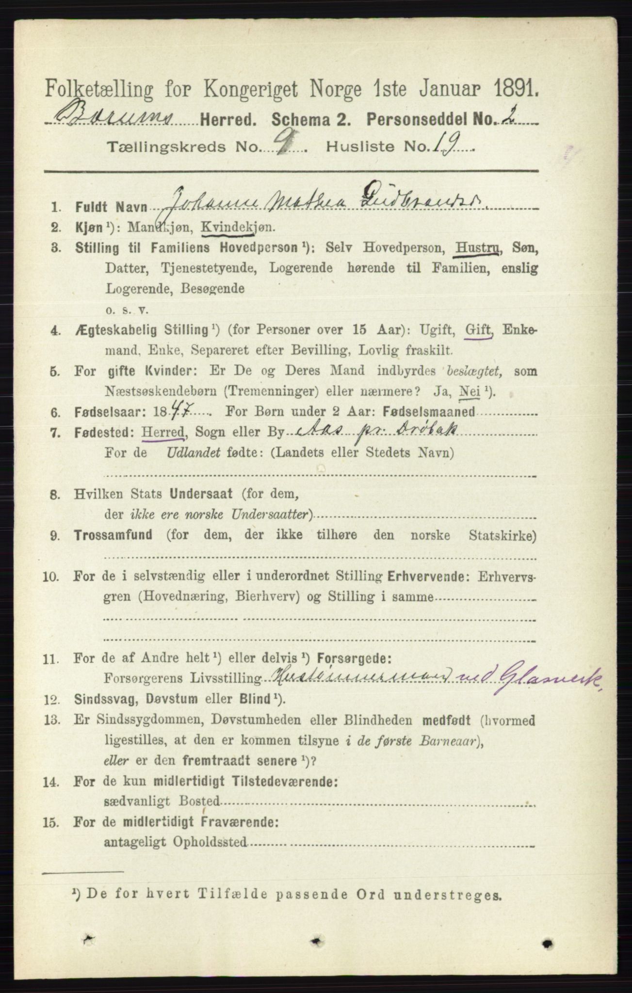 RA, 1891 census for 0219 Bærum, 1891, p. 5281