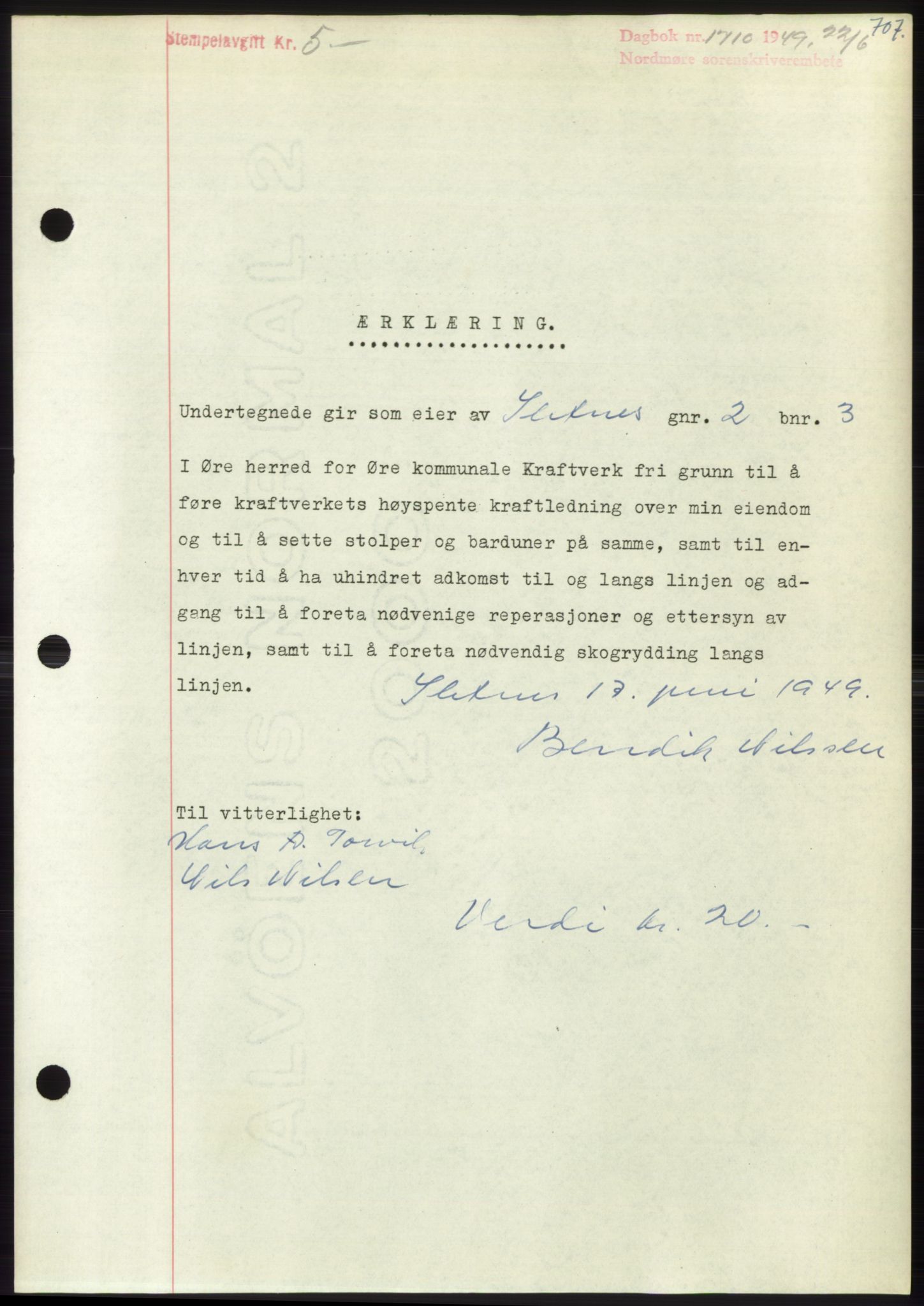 Nordmøre sorenskriveri, SAT/A-4132/1/2/2Ca: Mortgage book no. B101, 1949-1949, Diary no: : 1710/1949