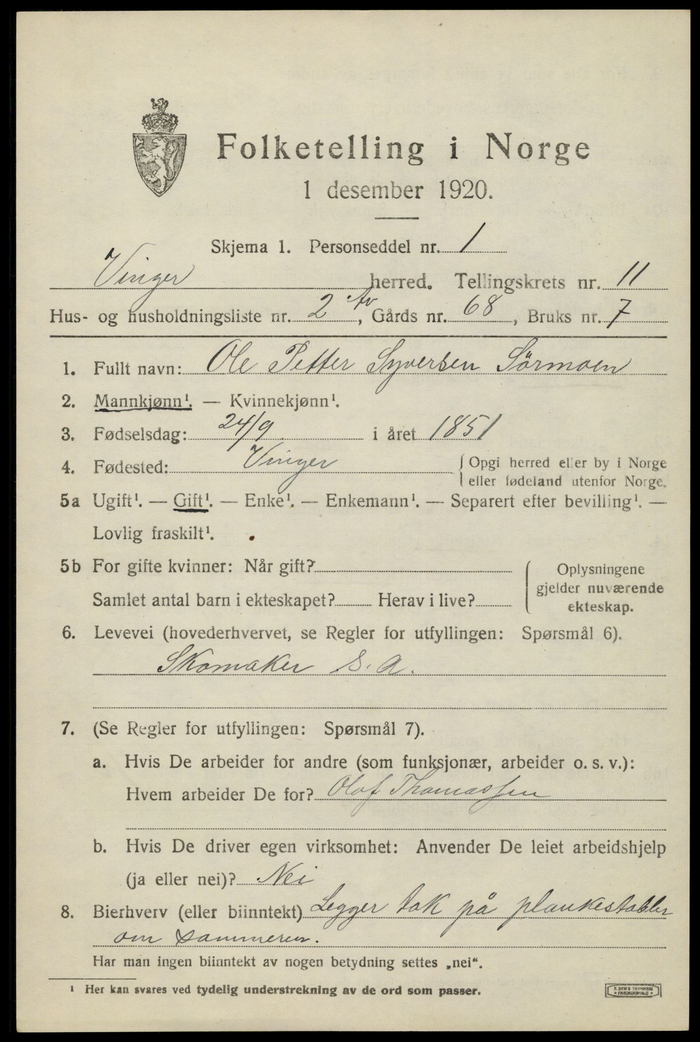 SAH, 1920 census for Vinger, 1920, p. 8930