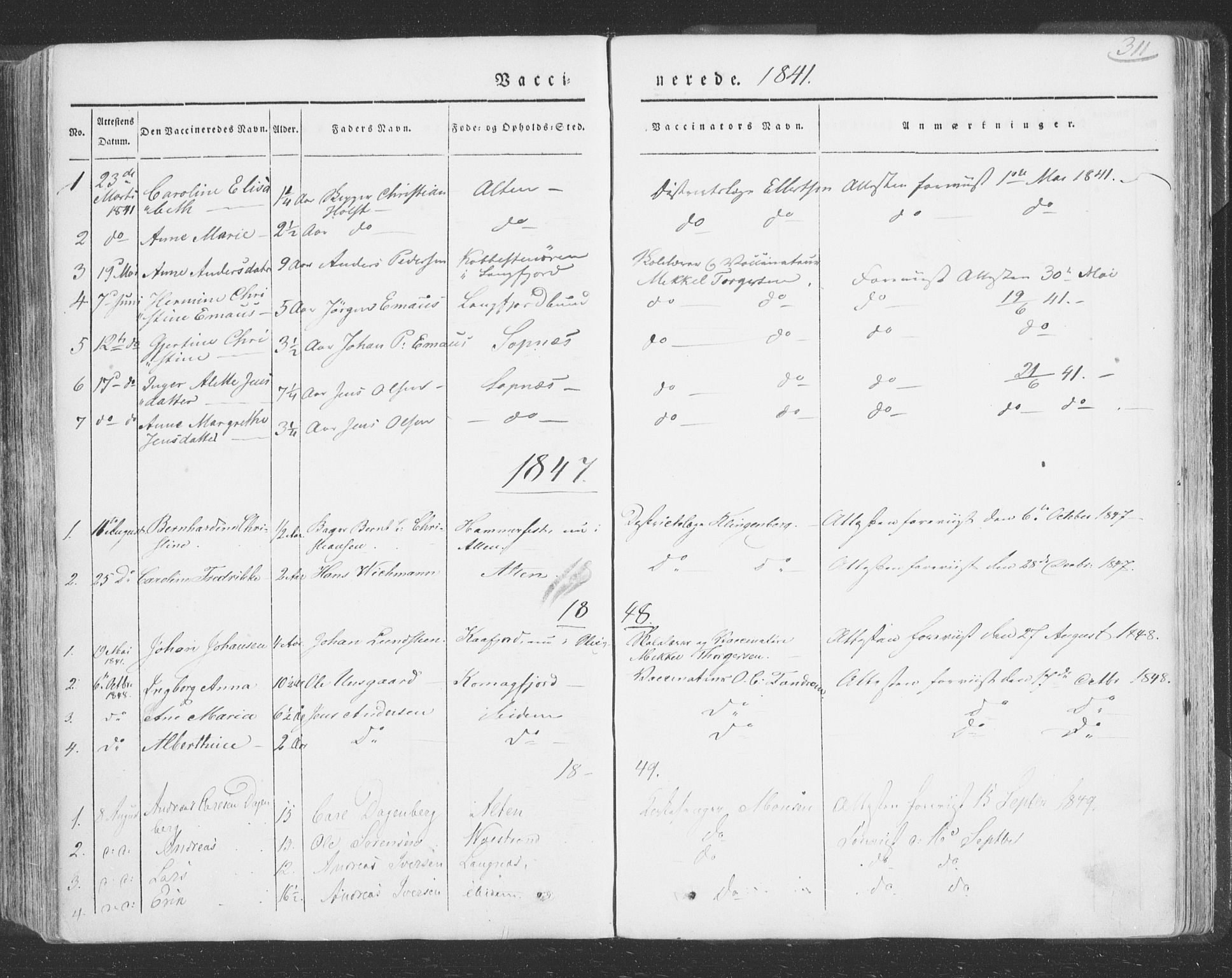 Talvik sokneprestkontor, SATØ/S-1337/H/Ha/L0009kirke: Parish register (official) no. 9, 1837-1852, p. 311