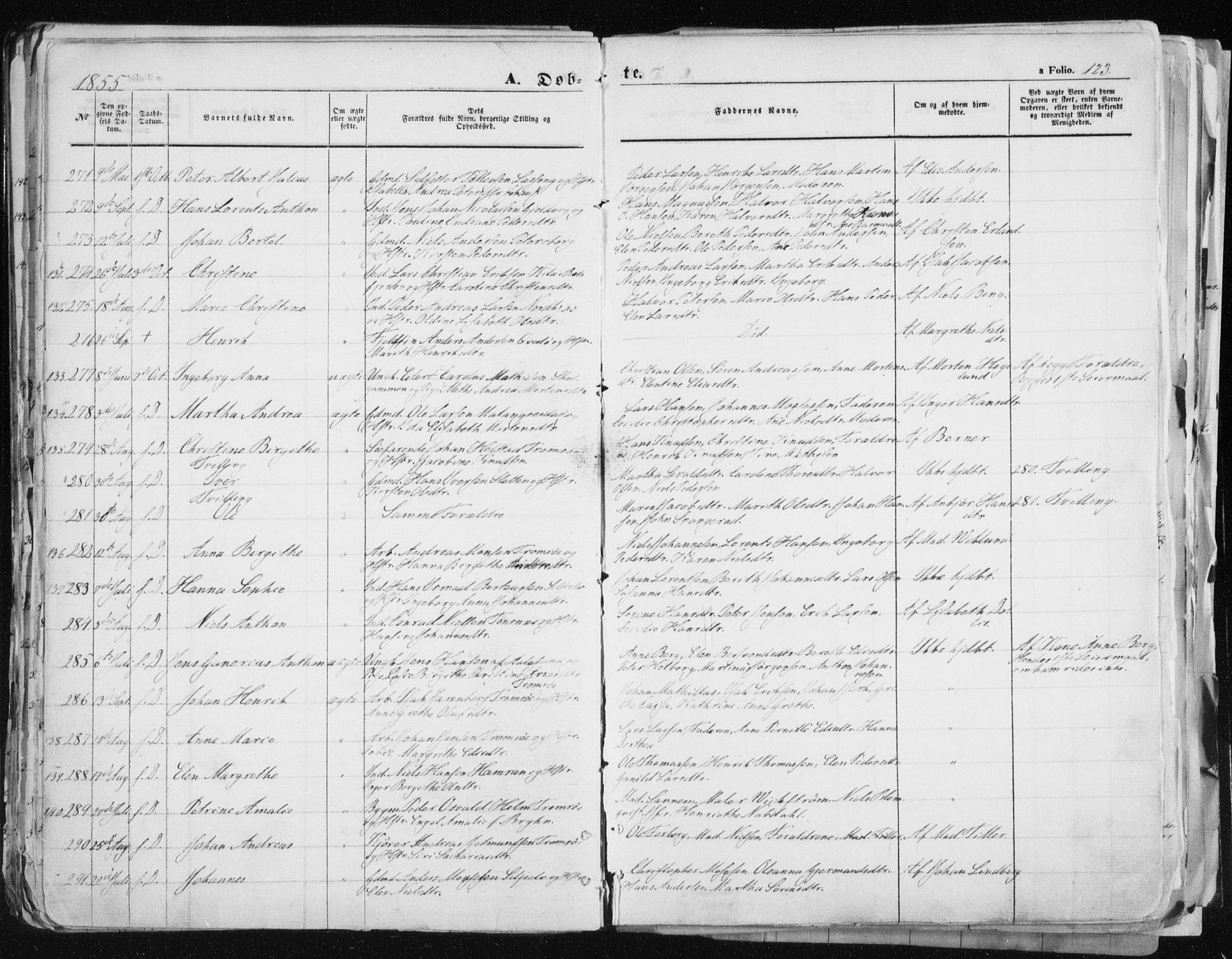 Tromsø sokneprestkontor/stiftsprosti/domprosti, SATØ/S-1343/G/Ga/L0010kirke: Parish register (official) no. 10, 1848-1855, p. 123