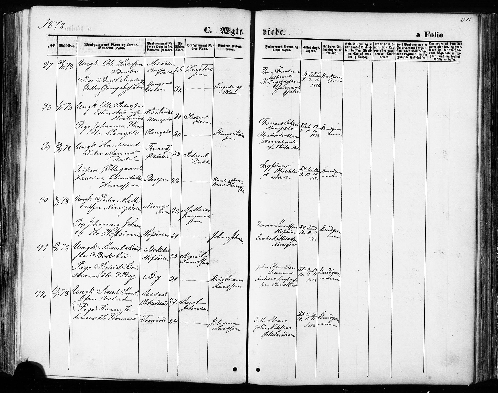 Ministerialprotokoller, klokkerbøker og fødselsregistre - Sør-Trøndelag, AV/SAT-A-1456/668/L0807: Parish register (official) no. 668A07, 1870-1880, p. 312