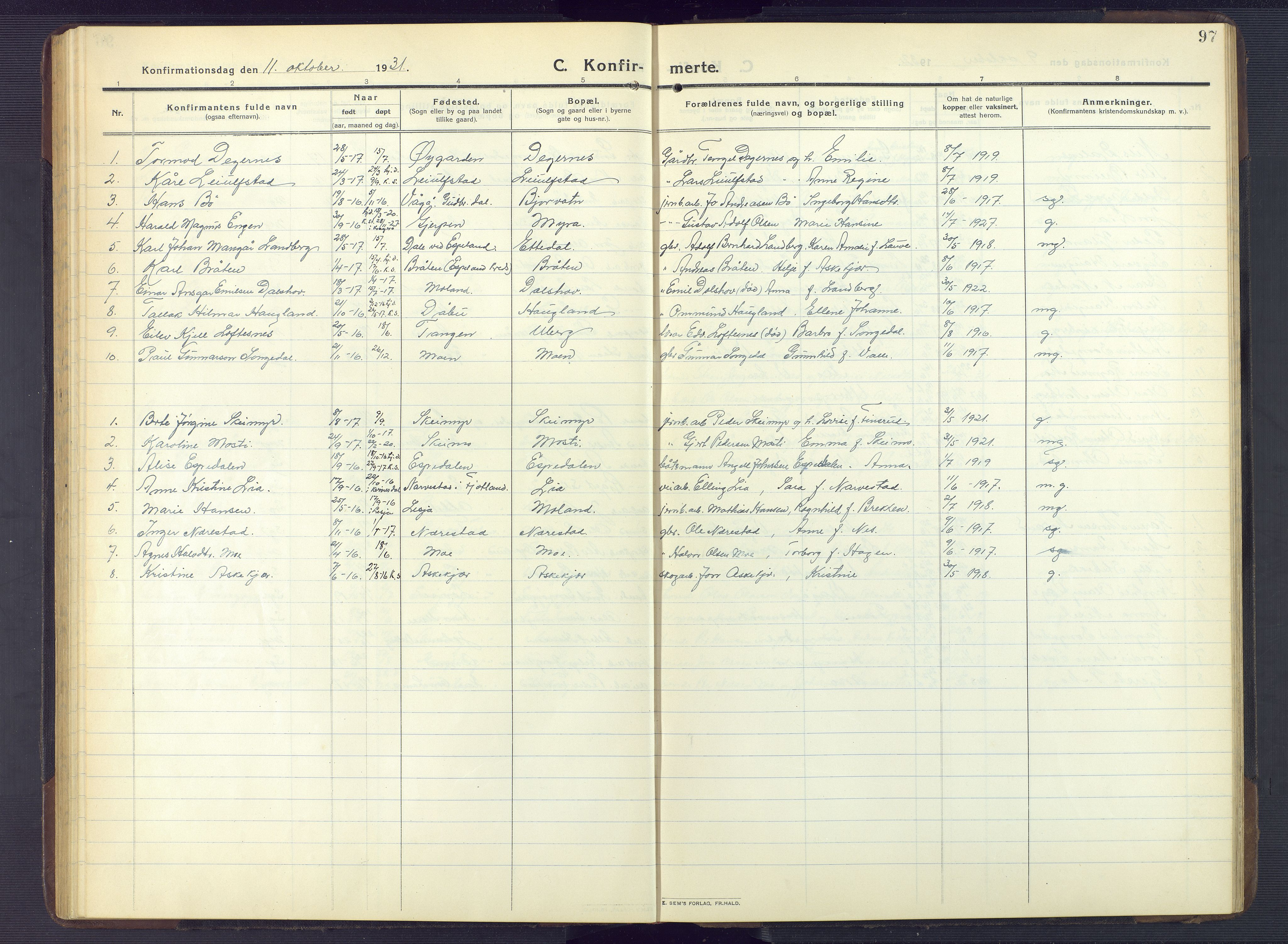 Gjerstad sokneprestkontor, AV/SAK-1111-0014/F/Fb/Fbb/L0005: Parish register (copy) no. B 5, 1911-1949, p. 97