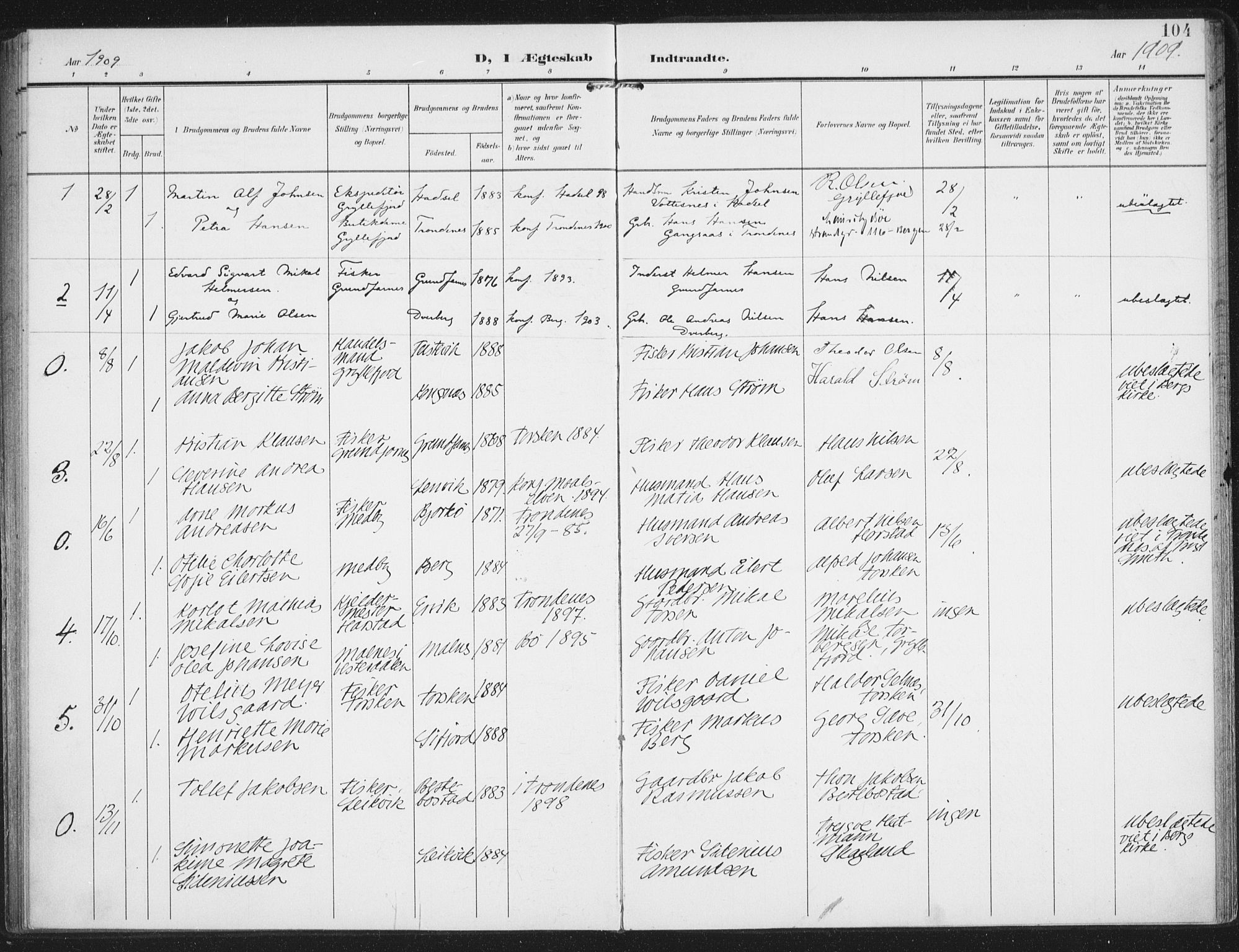 Berg sokneprestkontor, AV/SATØ-S-1318/G/Ga/Gaa/L0008kirke: Parish register (official) no. 8, 1904-1916, p. 104