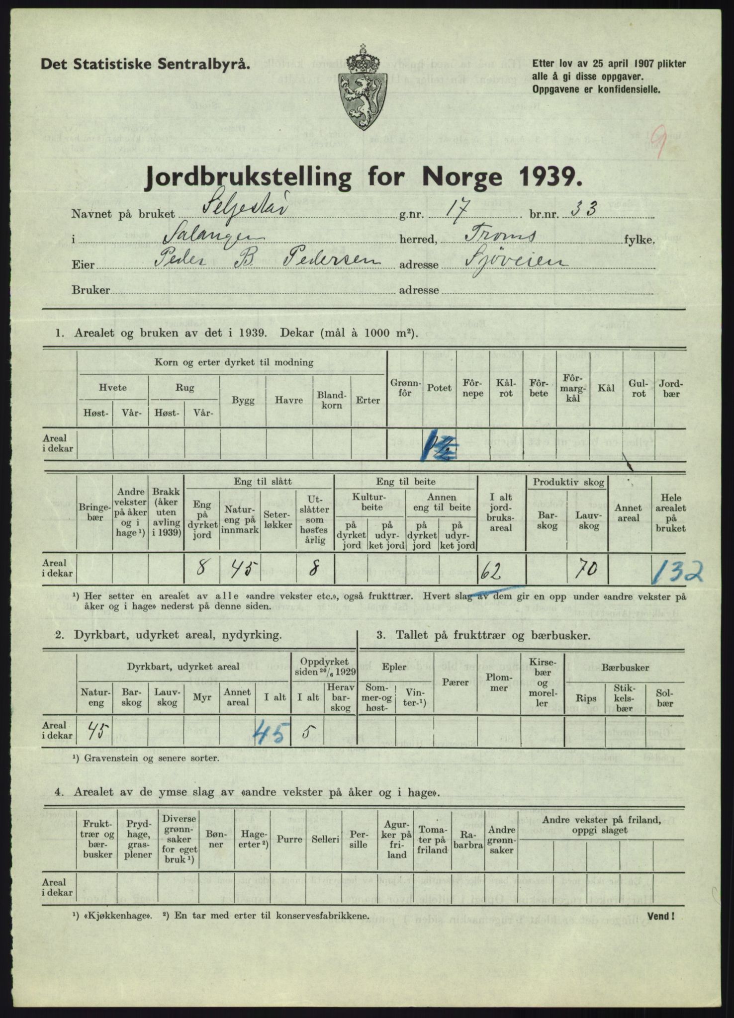 Statistisk sentralbyrå, Næringsøkonomiske emner, Jordbruk, skogbruk, jakt, fiske og fangst, AV/RA-S-2234/G/Gb/L0340: Troms: Salangen og Dyrøy, 1939, p. 567