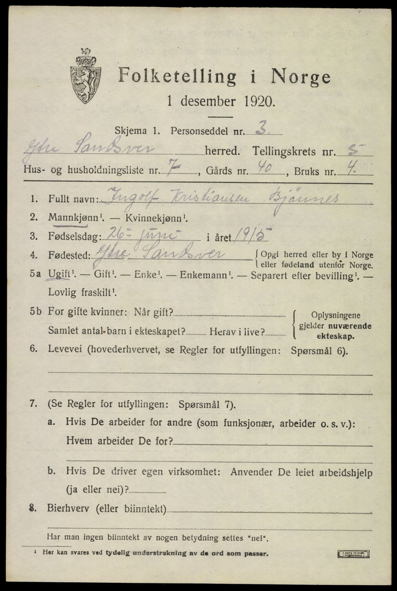 SAKO, 1920 census for Ytre Sandsvær, 1920, p. 4602