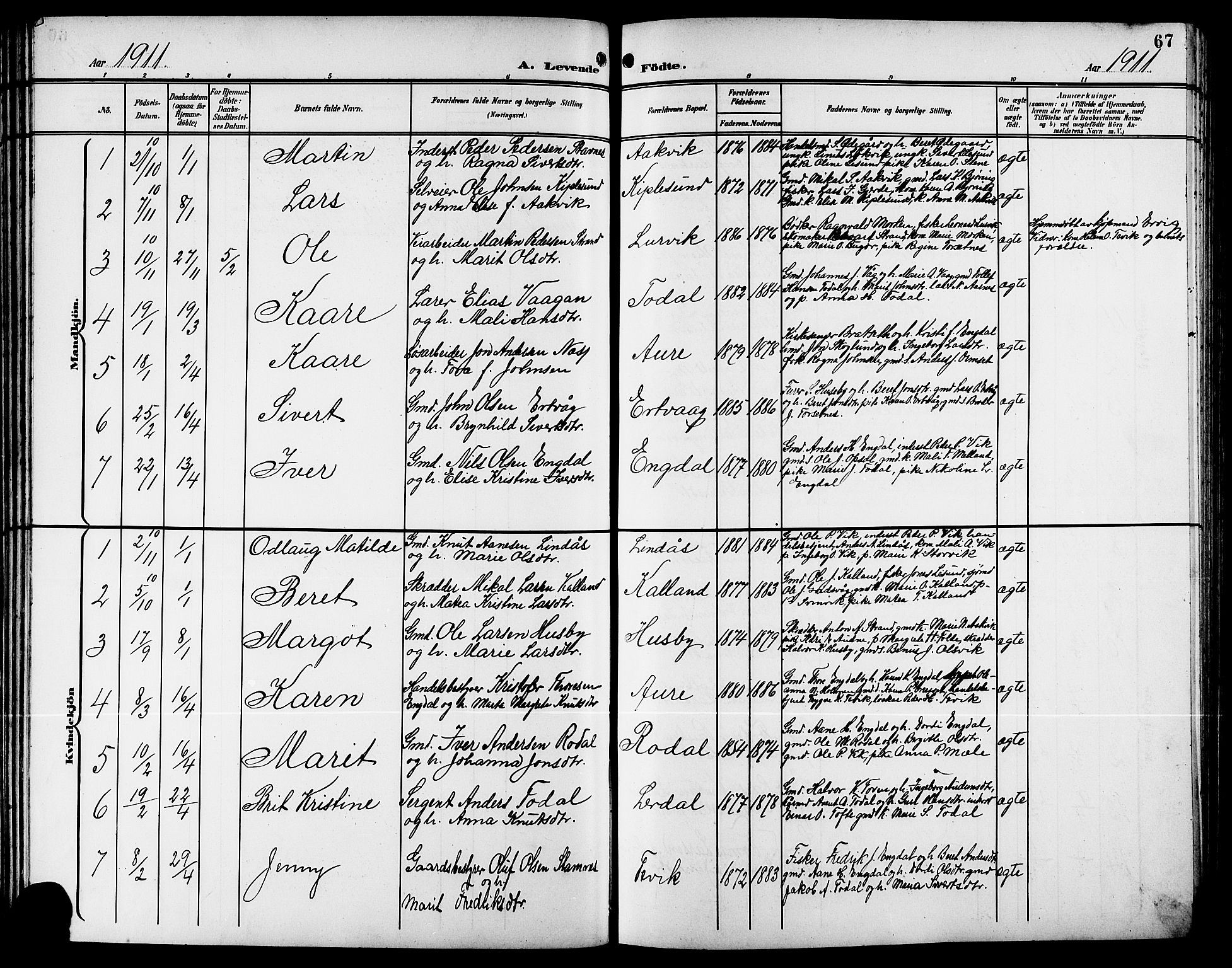 Ministerialprotokoller, klokkerbøker og fødselsregistre - Møre og Romsdal, AV/SAT-A-1454/578/L0910: Parish register (copy) no. 578C03, 1900-1921, p. 67