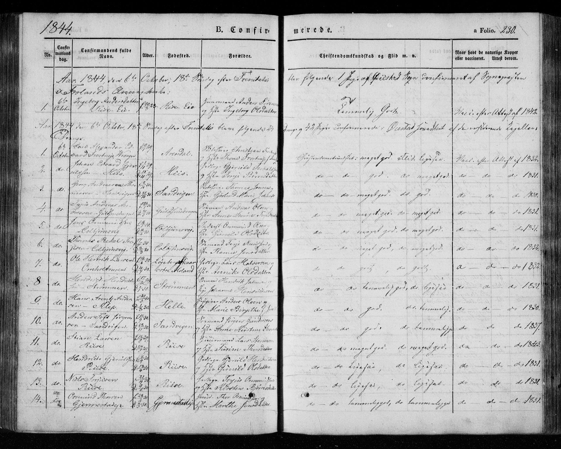 Øyestad sokneprestkontor, AV/SAK-1111-0049/F/Fa/L0014: Parish register (official) no. A 14, 1843-1856, p. 230