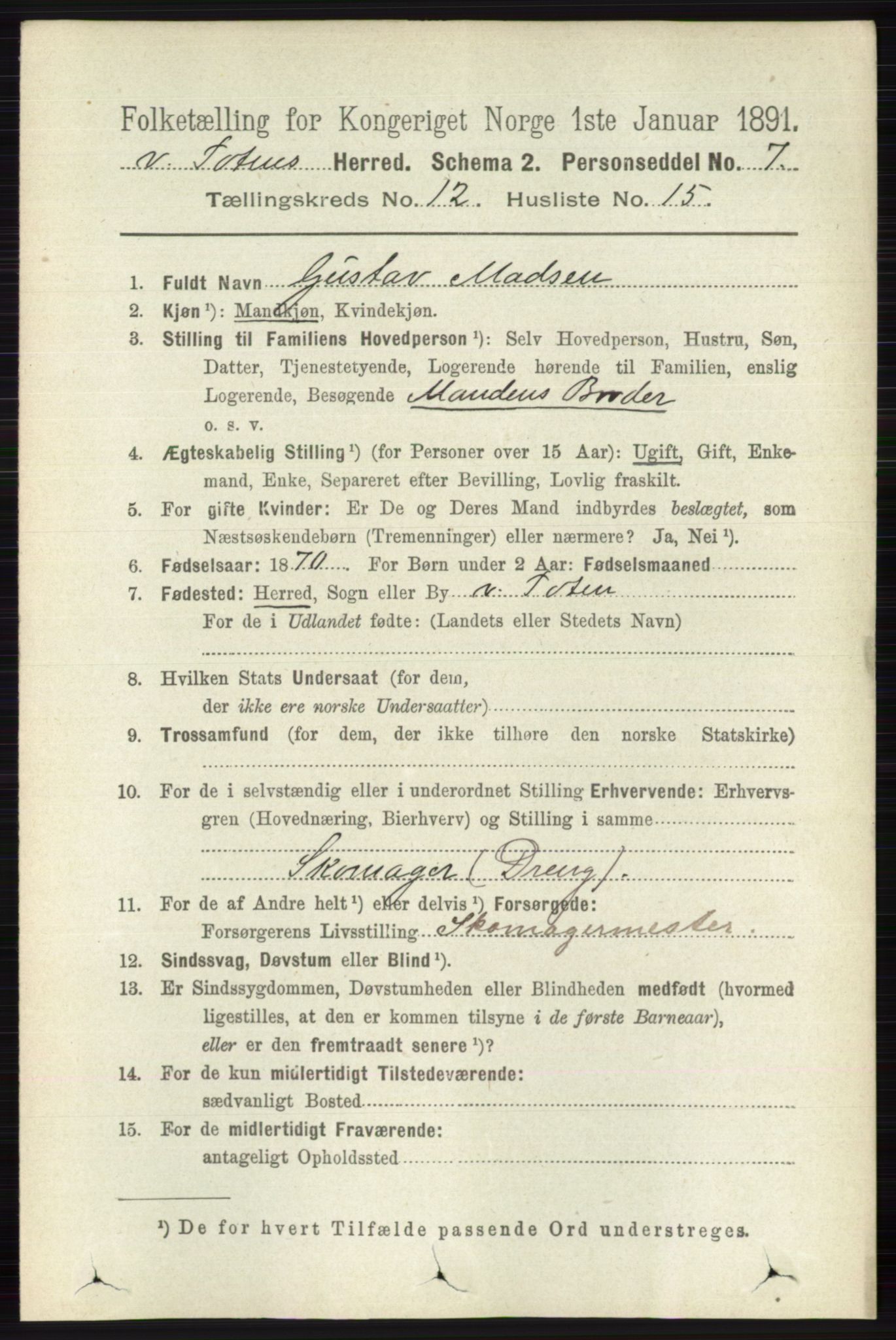 RA, 1891 census for 0529 Vestre Toten, 1891, p. 7372