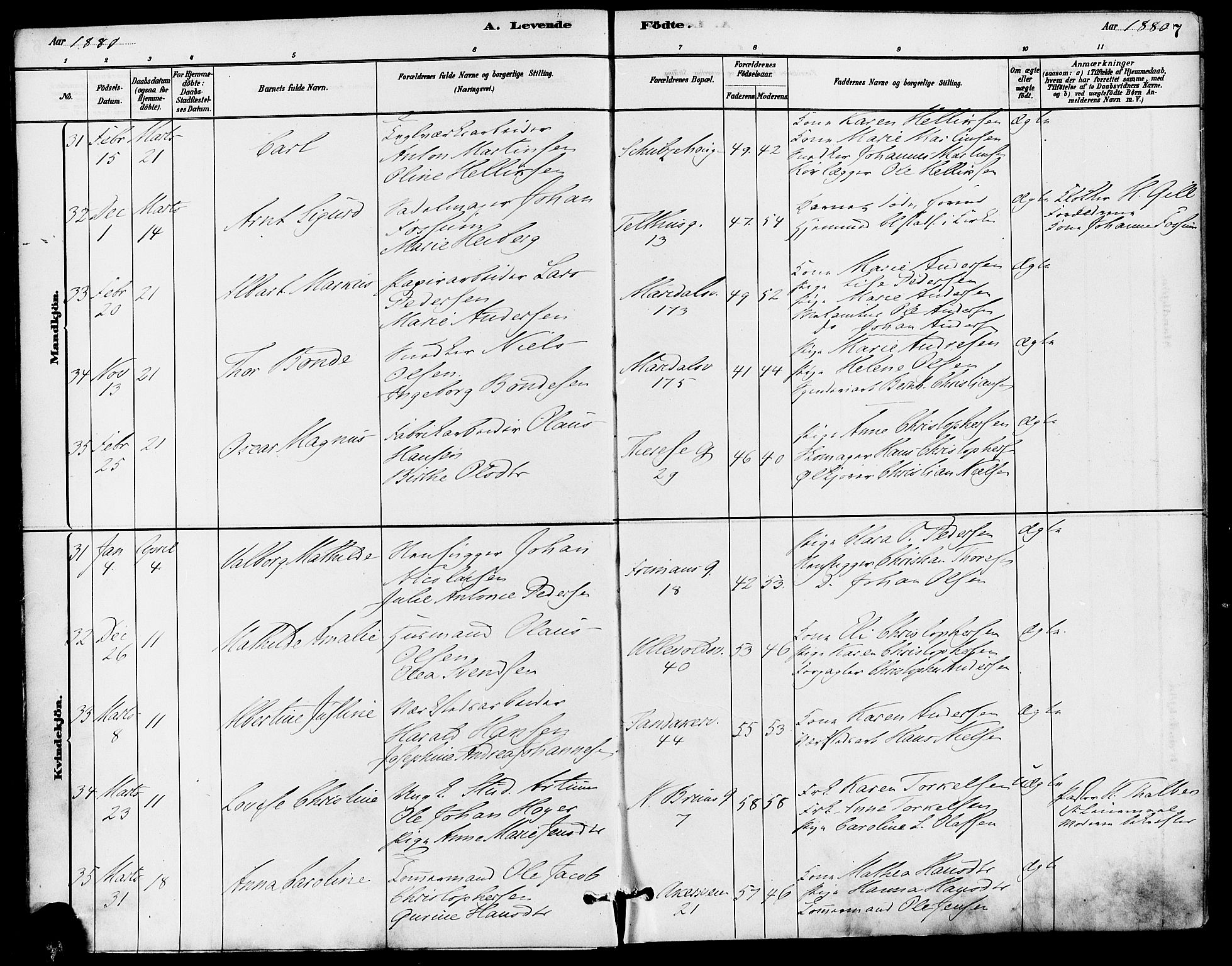 Gamle Aker prestekontor Kirkebøker, SAO/A-10617a/F/L0006: Parish register (official) no. 6, 1880-1887, p. 7