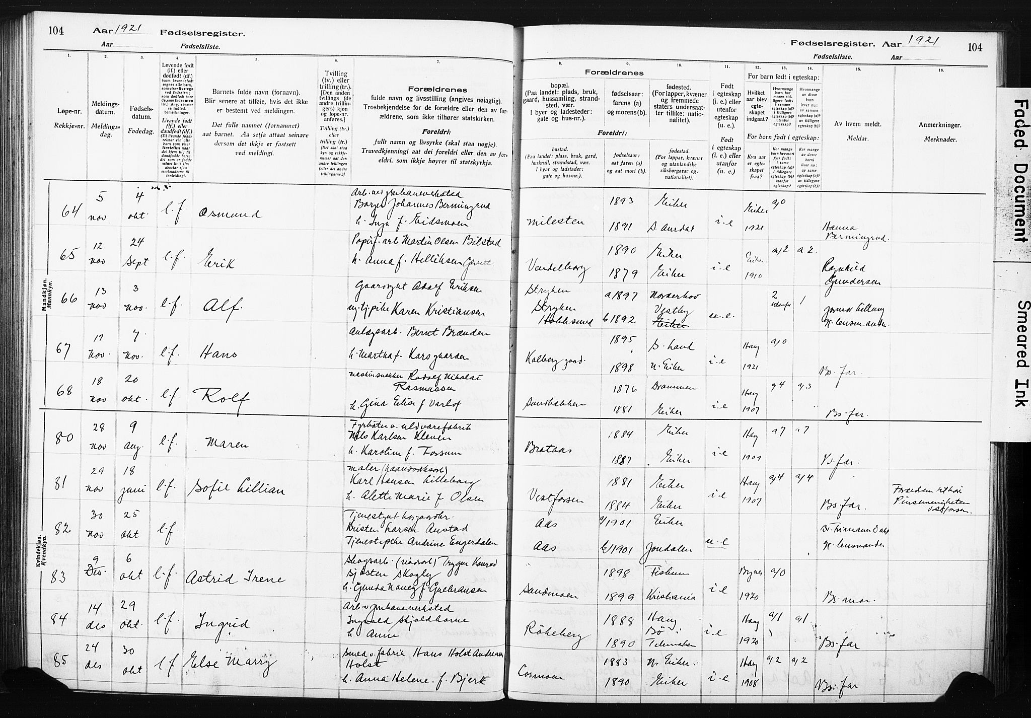Eiker kirkebøker, AV/SAKO-A-4/J/Ja/L0001: Birth register no. I 1, 1916-1927, p. 104