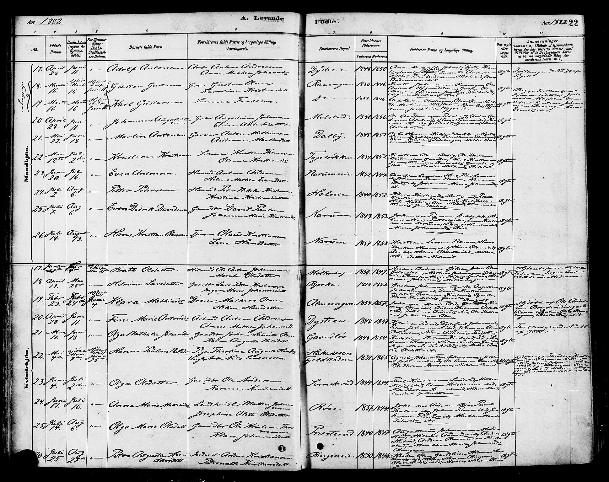 Vestre Toten prestekontor, SAH/PREST-108/H/Ha/Haa/L0010: Parish register (official) no. 10, 1878-1894, p. 22