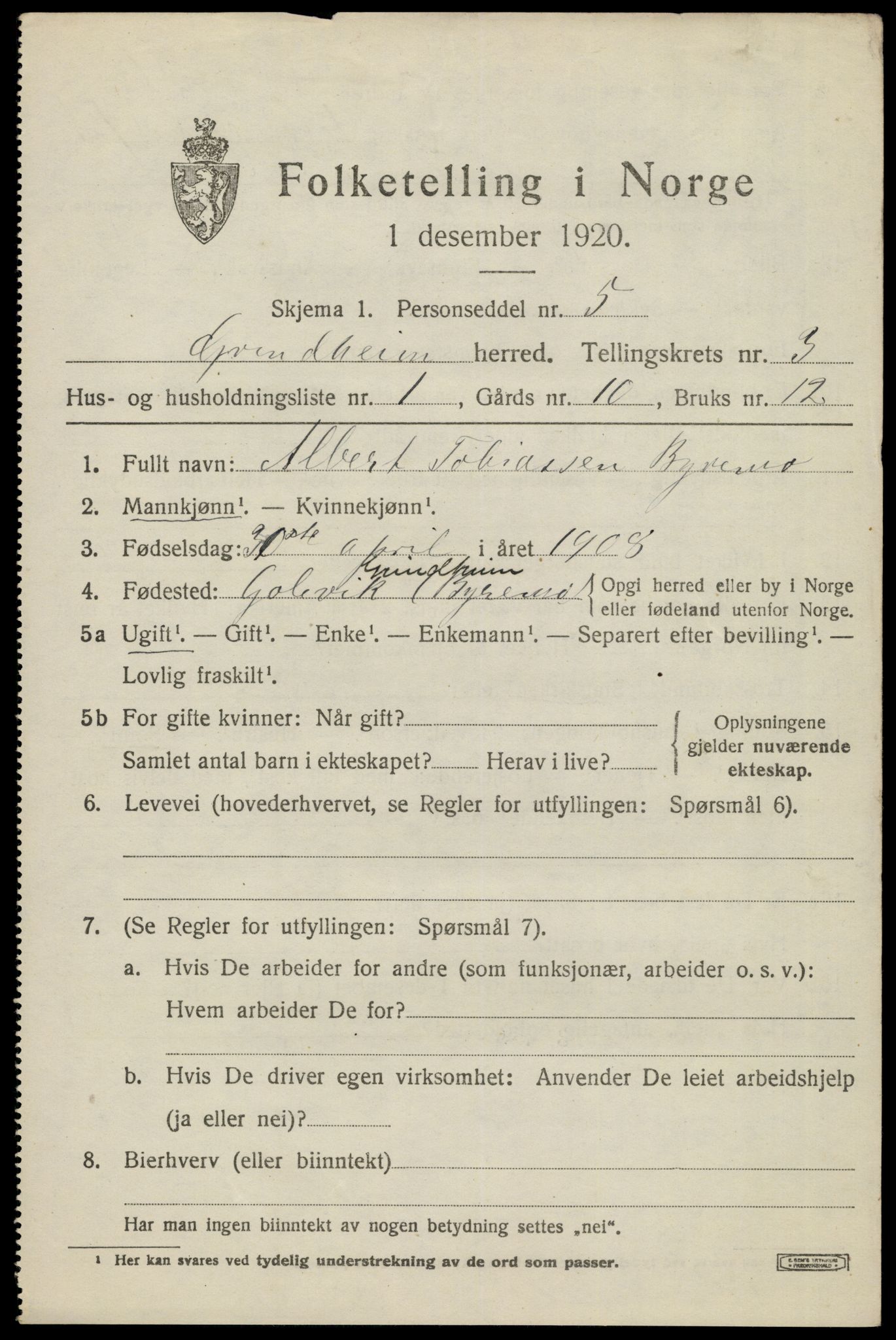 SAK, 1920 census for Grindheim, 1920, p. 897