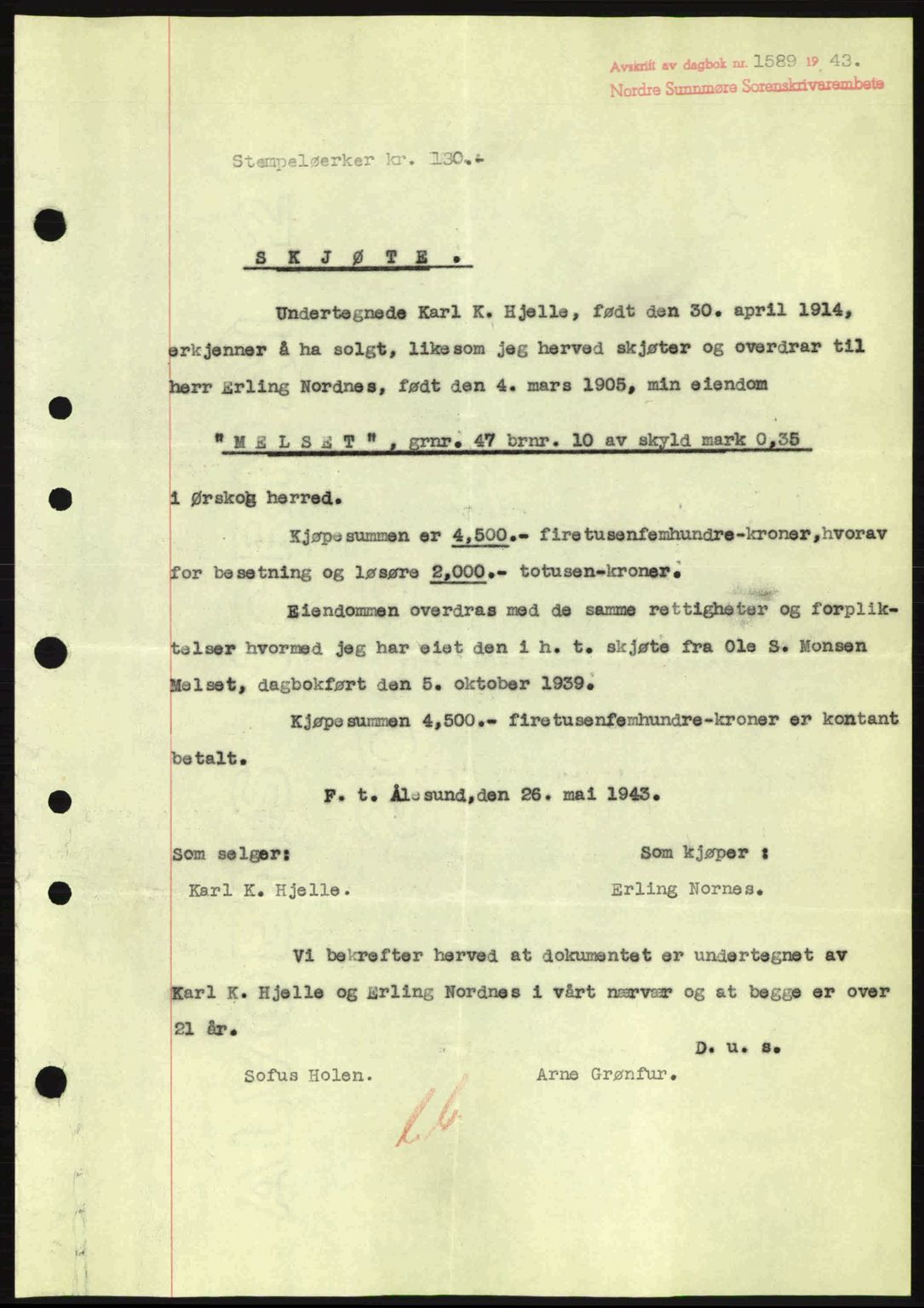 Nordre Sunnmøre sorenskriveri, AV/SAT-A-0006/1/2/2C/2Ca: Mortgage book no. A17, 1943-1944, Diary no: : 1589/1943