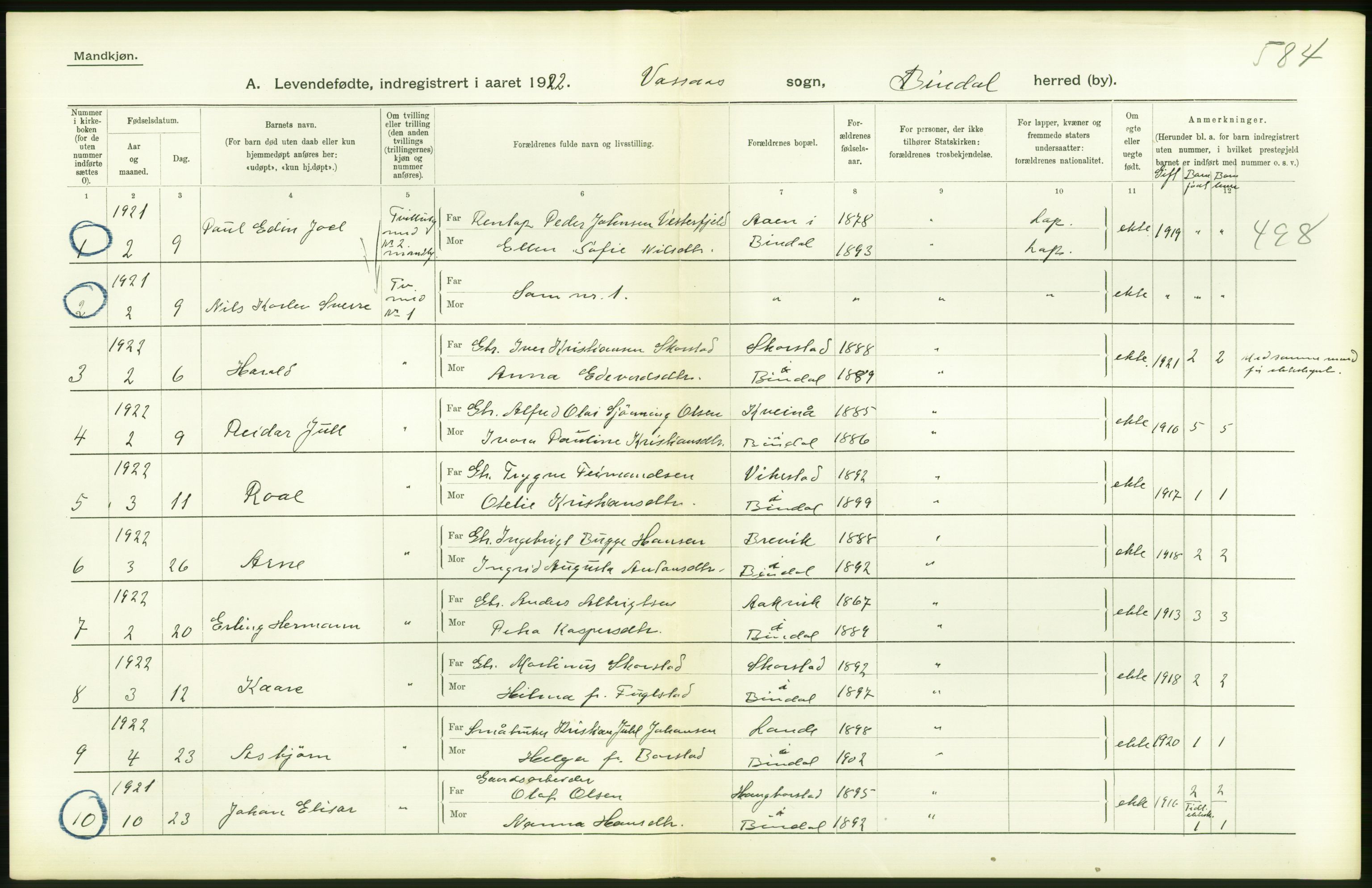 Statistisk sentralbyrå, Sosiodemografiske emner, Befolkning, RA/S-2228/D/Df/Dfc/Dfcb/L0044: Nordland fylke: Levendefødte menn og kvinner. Bygder og byer., 1922, p. 482