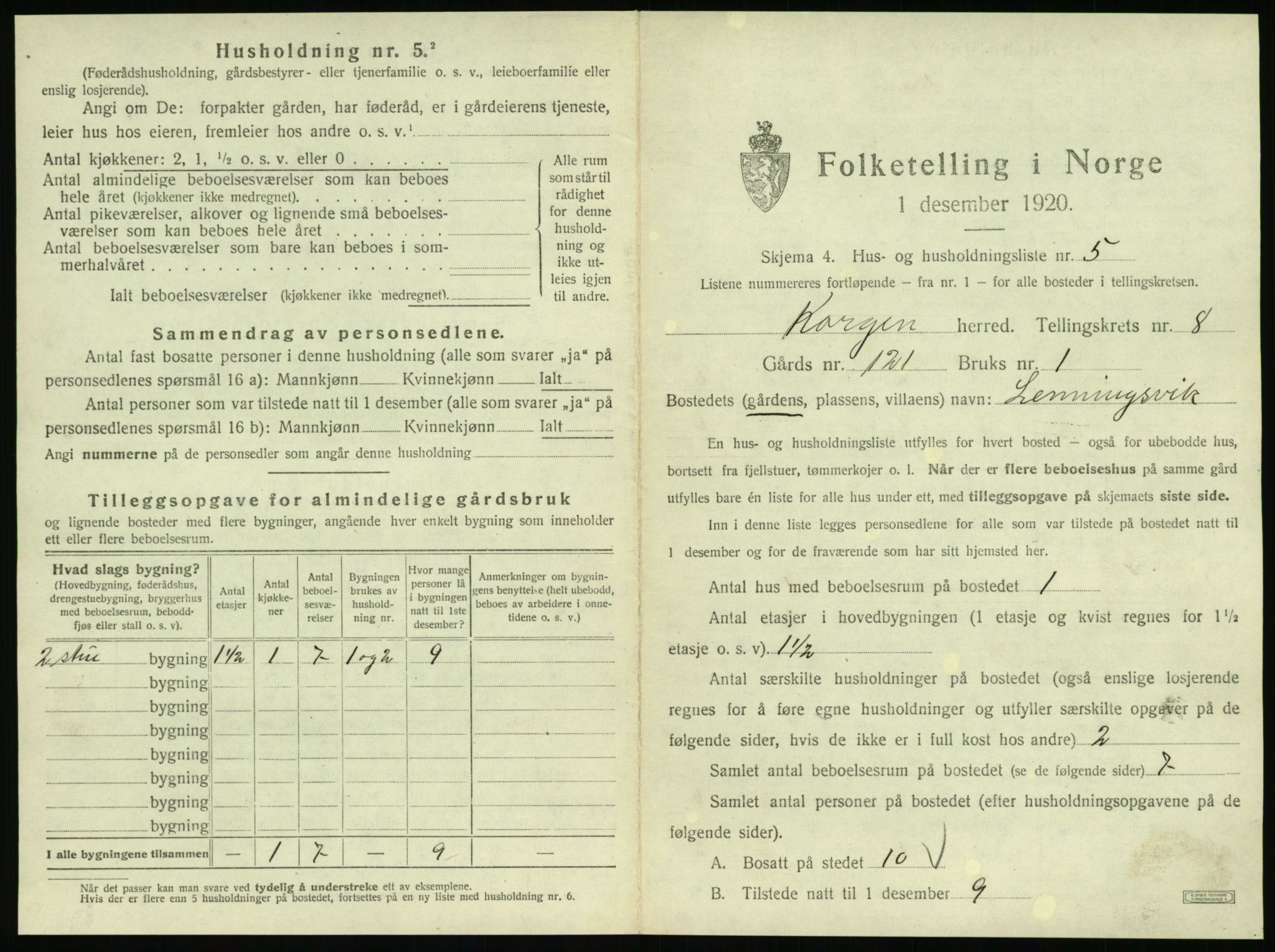 SAT, 1920 census for Korgen, 1920, p. 466