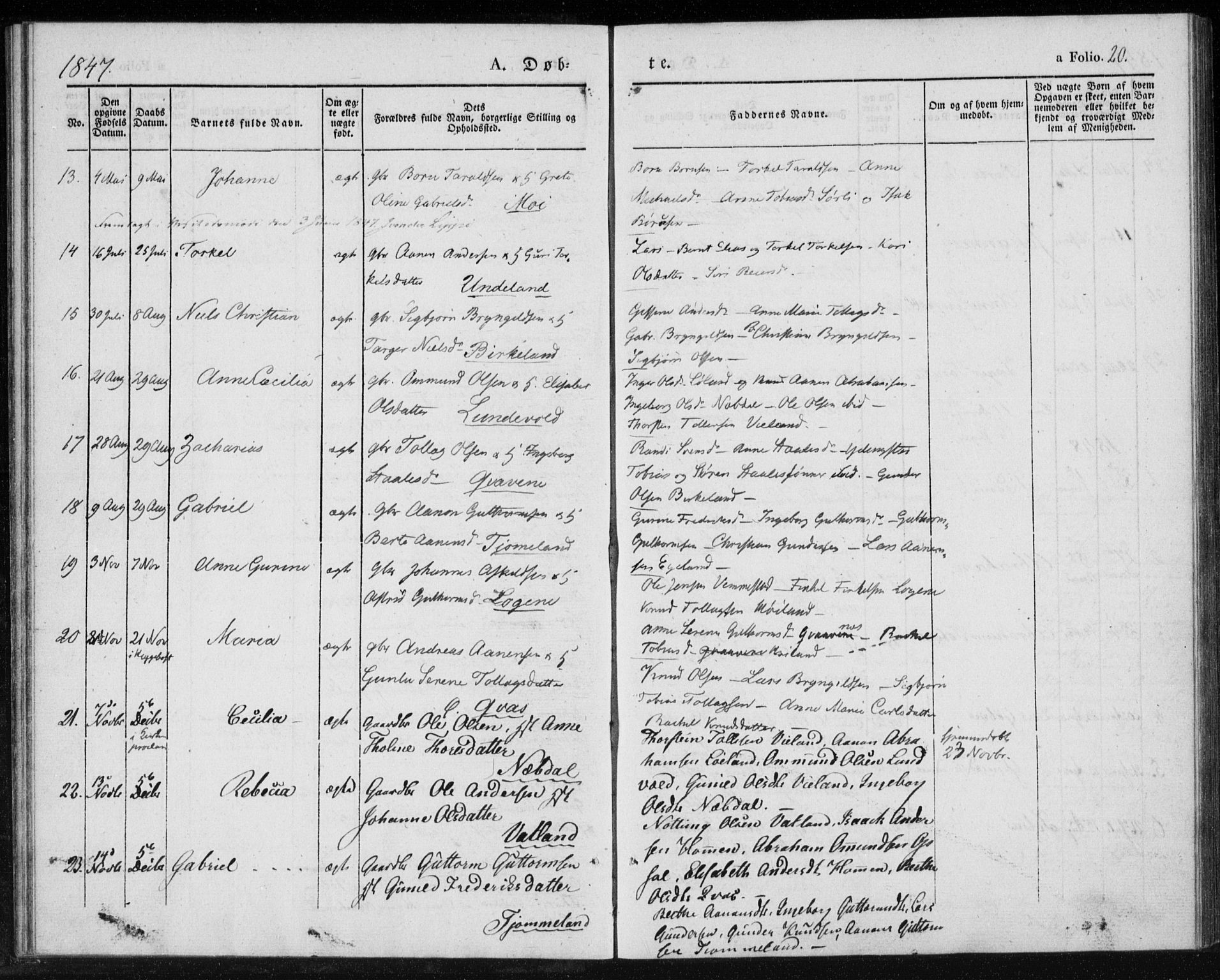 Lyngdal sokneprestkontor, AV/SAK-1111-0029/F/Fa/Fab/L0001: Parish register (official) no. A 1, 1838-1860, p. 20