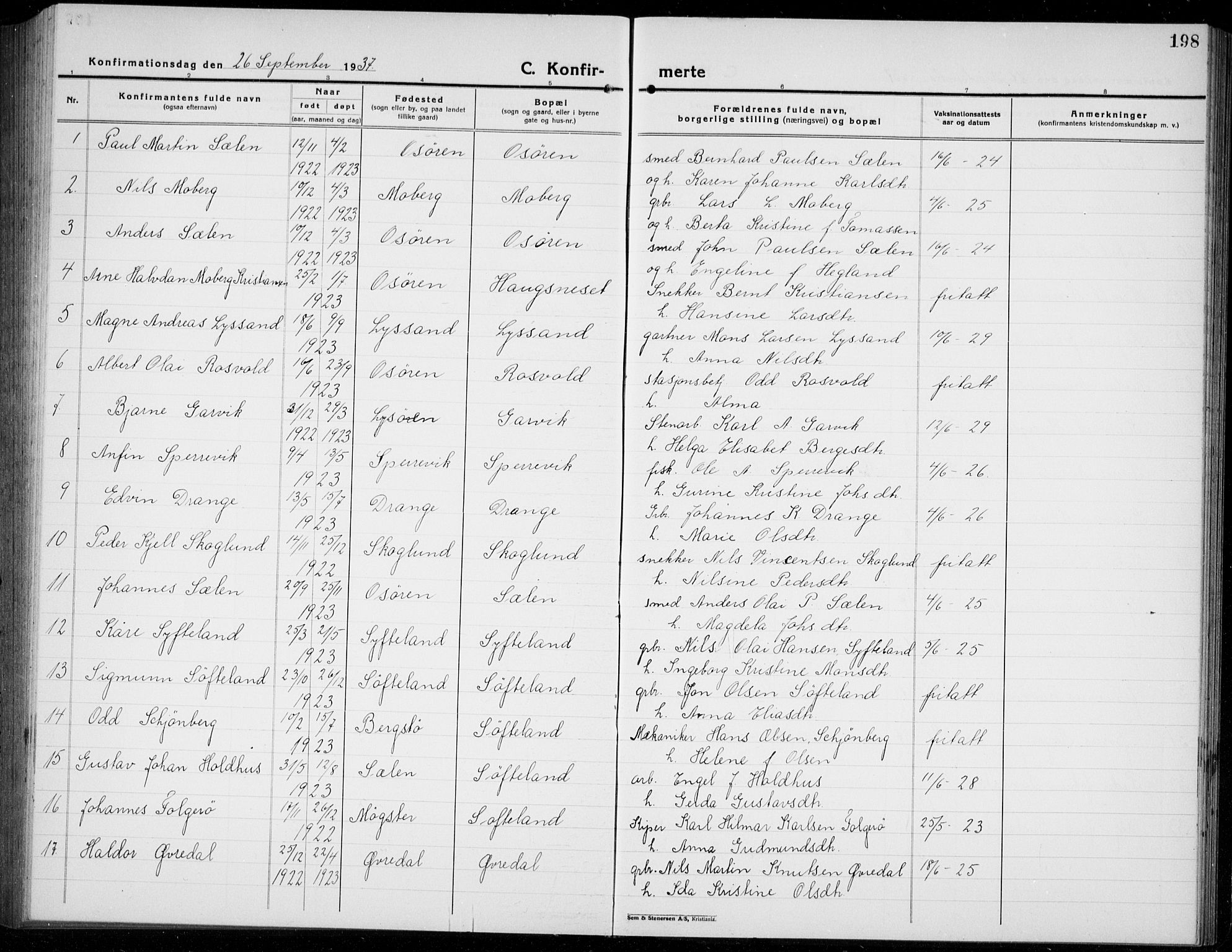 Os sokneprestembete, SAB/A-99929: Parish register (copy) no. A 5, 1923-1941, p. 198