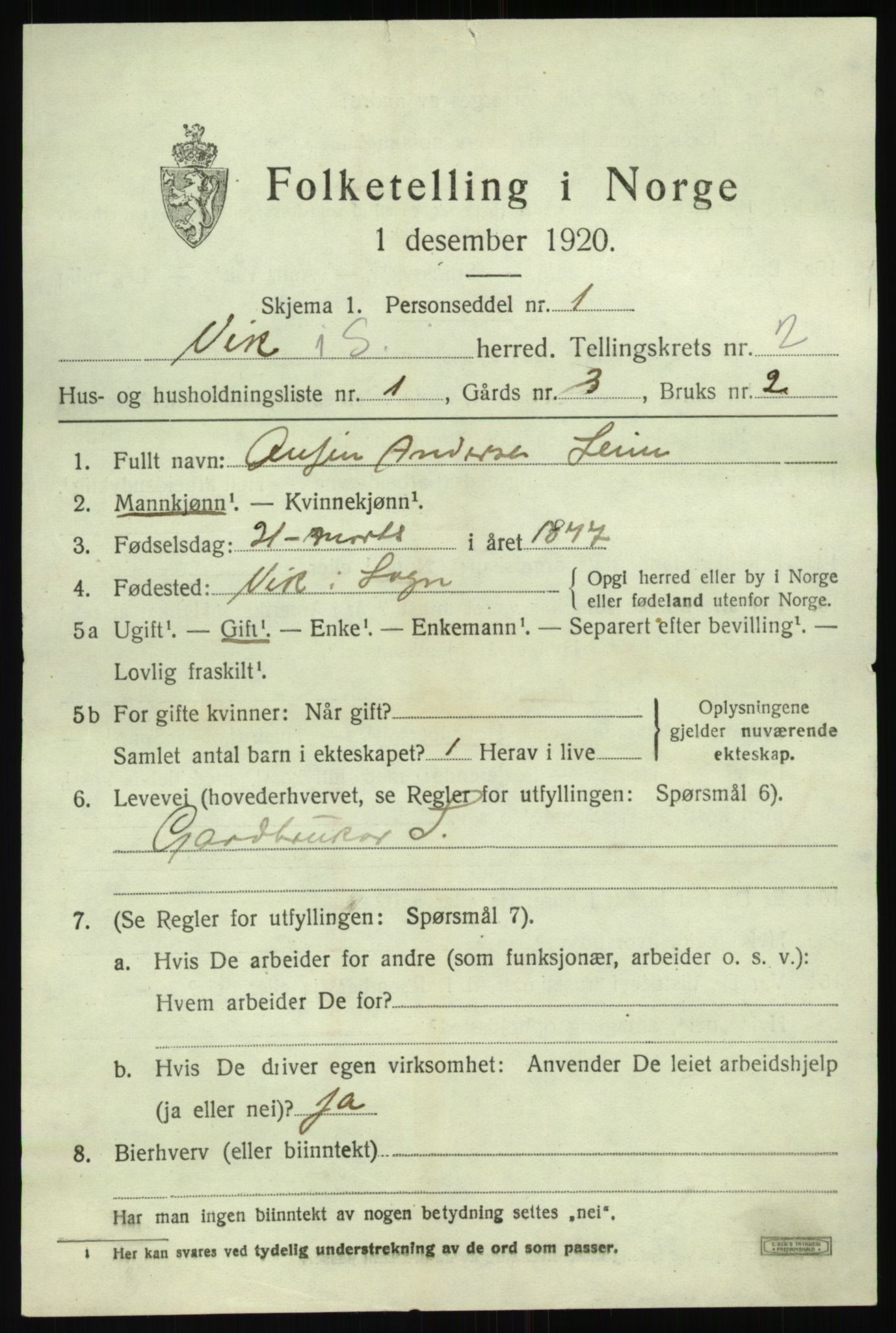 SAB, 1920 census for Vik, 1920, p. 2097