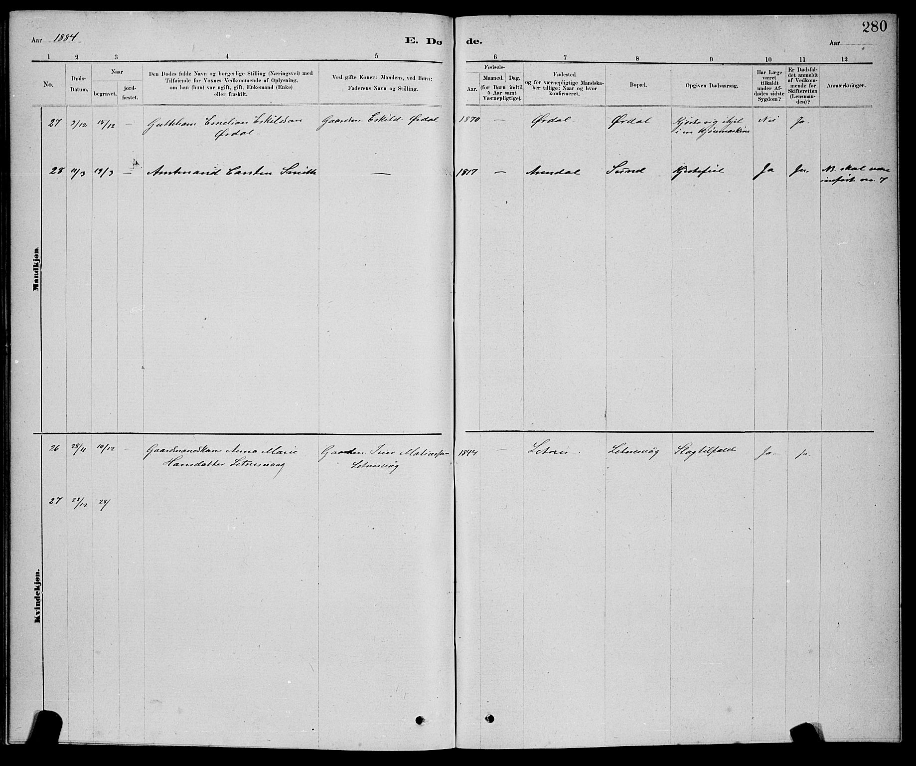 Ministerialprotokoller, klokkerbøker og fødselsregistre - Nord-Trøndelag, SAT/A-1458/730/L0301: Parish register (copy) no. 730C04, 1880-1897, p. 280