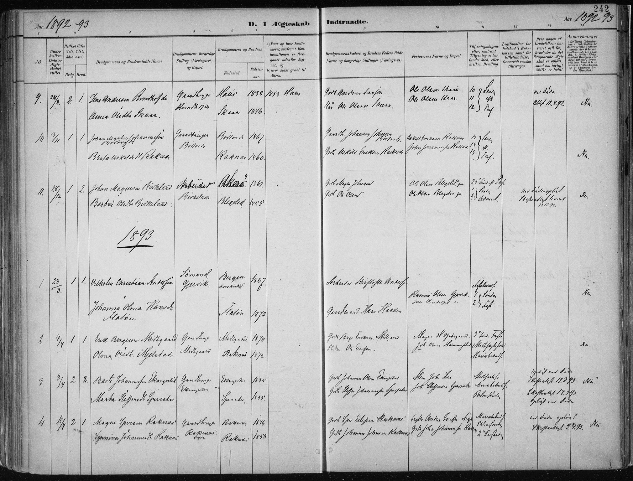 Hamre sokneprestembete, SAB/A-75501/H/Ha/Haa/Haab/L0001: Parish register (official) no. B  1, 1882-1905, p. 242