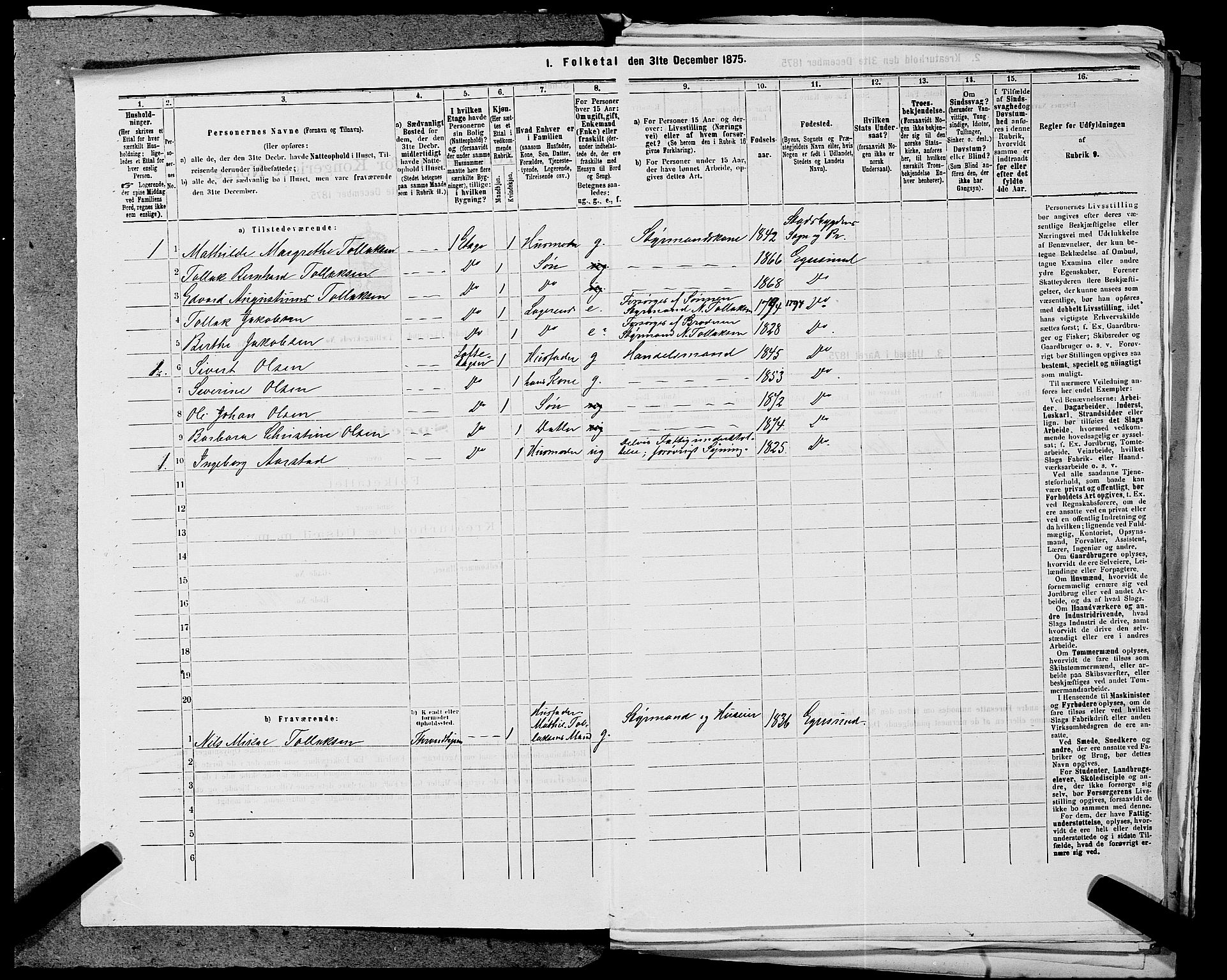 SAST, 1875 census for 1101B Eigersund parish, Egersund town, 1875, p. 318