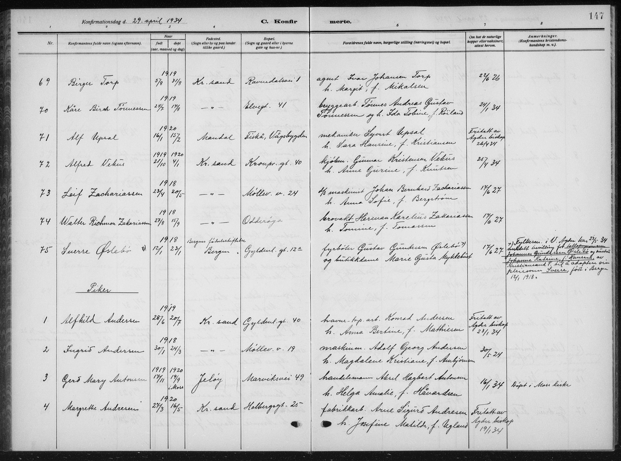 Kristiansand domprosti, AV/SAK-1112-0006/F/Fb/L0025: Parish register (copy) no. B 25, 1924-1934, p. 147