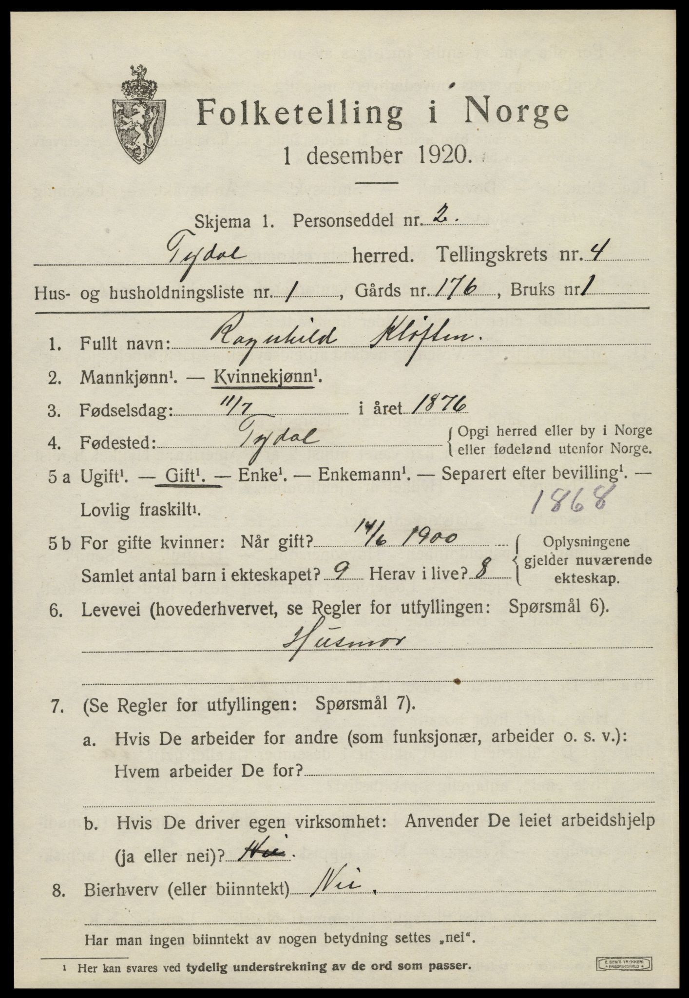 SAT, 1920 census for Tydal, 1920, p. 1507