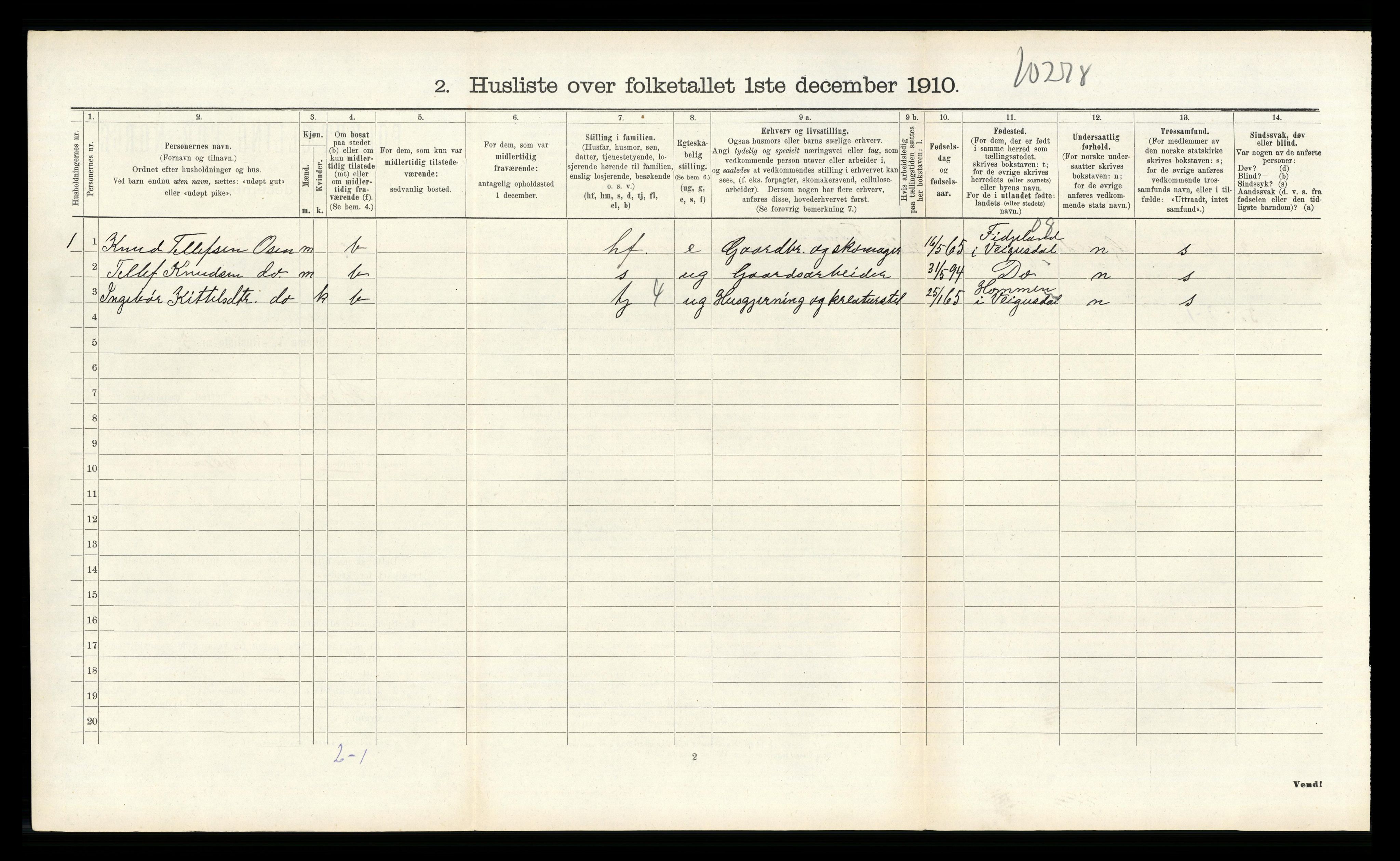 RA, 1910 census for Birkenes, 1910, p. 543