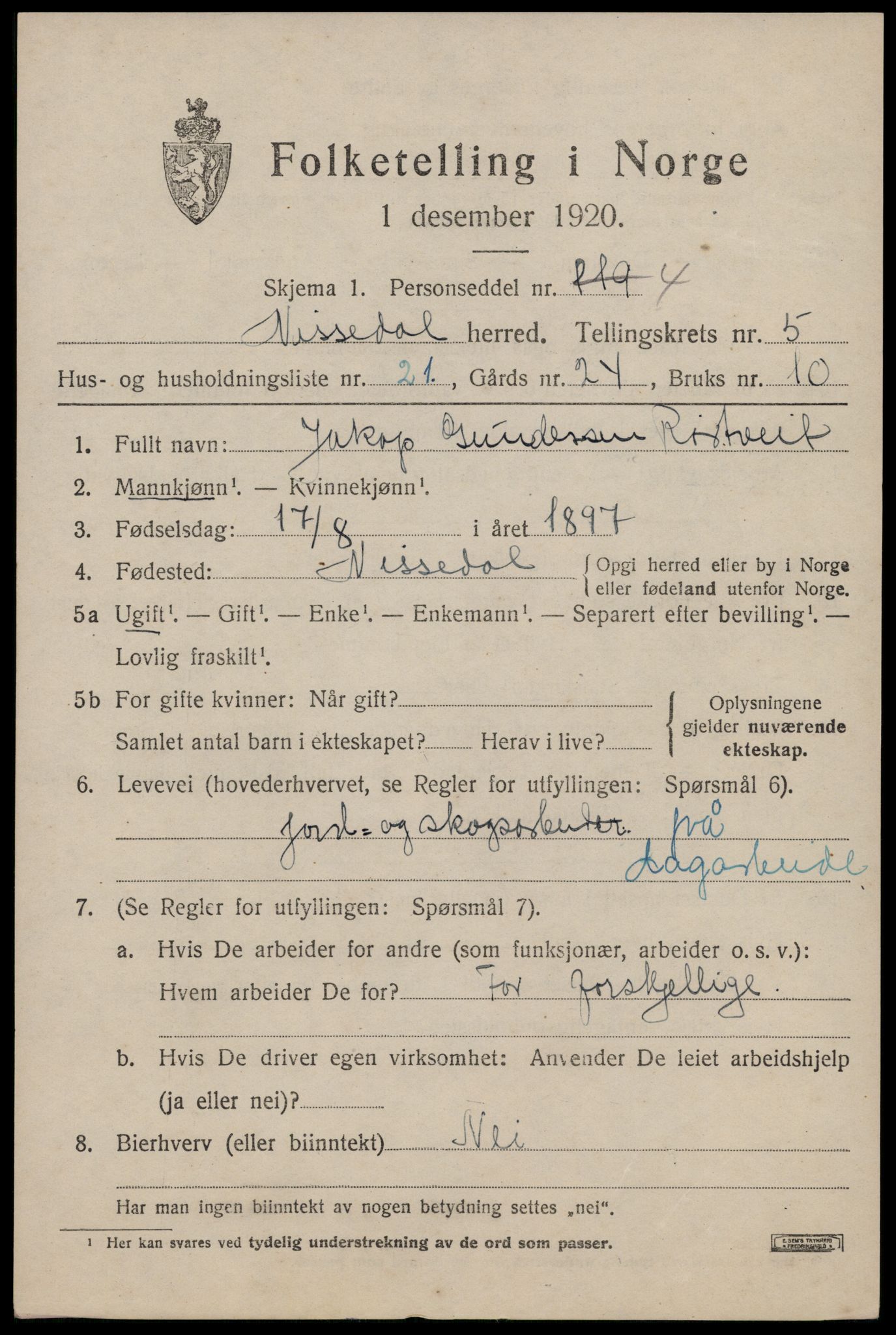 SAKO, 1920 census for Nissedal, 1920, p. 2267