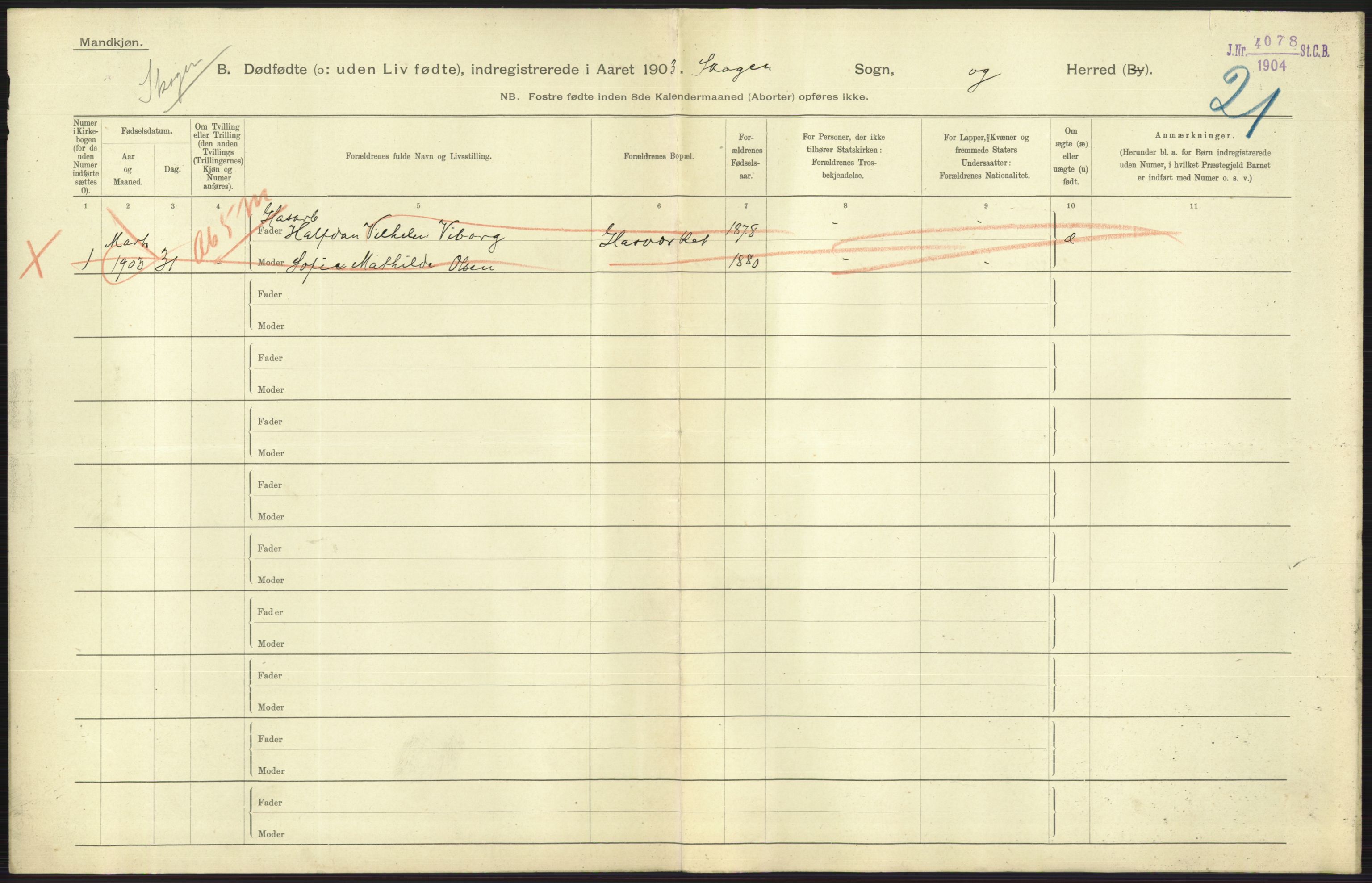 Statistisk sentralbyrå, Sosiodemografiske emner, Befolkning, AV/RA-S-2228/D/Df/Dfa/Dfaa/L0024: Smålenenes - Stavanger amt: Dødfødte. Bygder., 1903, p. 379