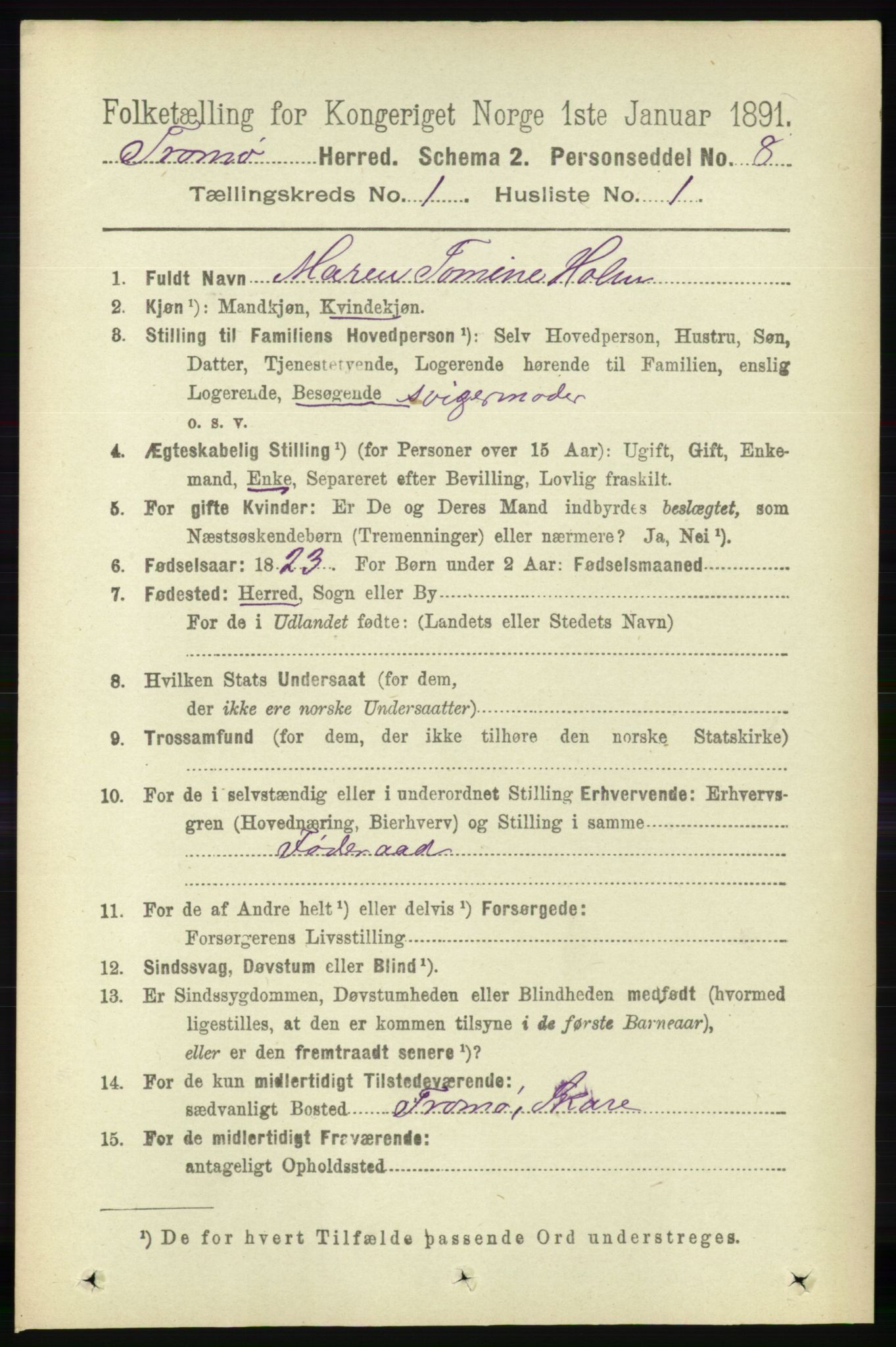 RA, 1891 census for 0921 Tromøy, 1891, p. 91