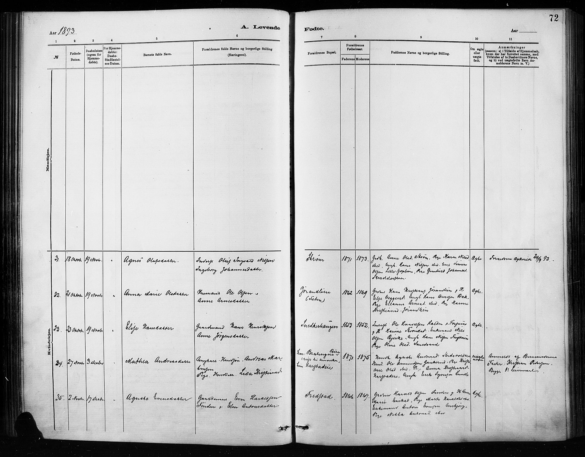 Nordre Land prestekontor, AV/SAH-PREST-124/H/Ha/Haa/L0004: Parish register (official) no. 4, 1882-1896, p. 72