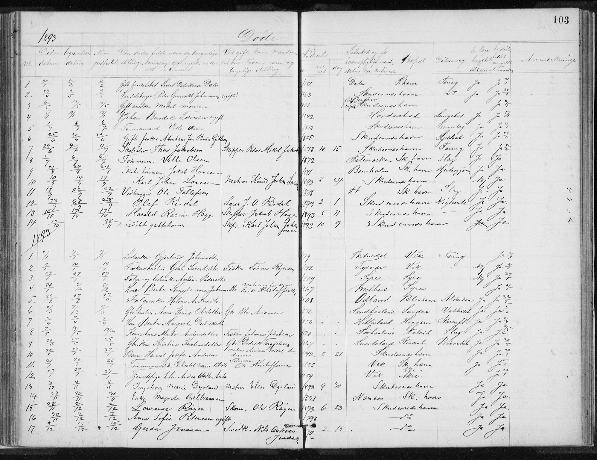 Skudenes sokneprestkontor, SAST/A -101849/H/Ha/Hab/L0007: Parish register (copy) no. B 7, 1885-1899, p. 103