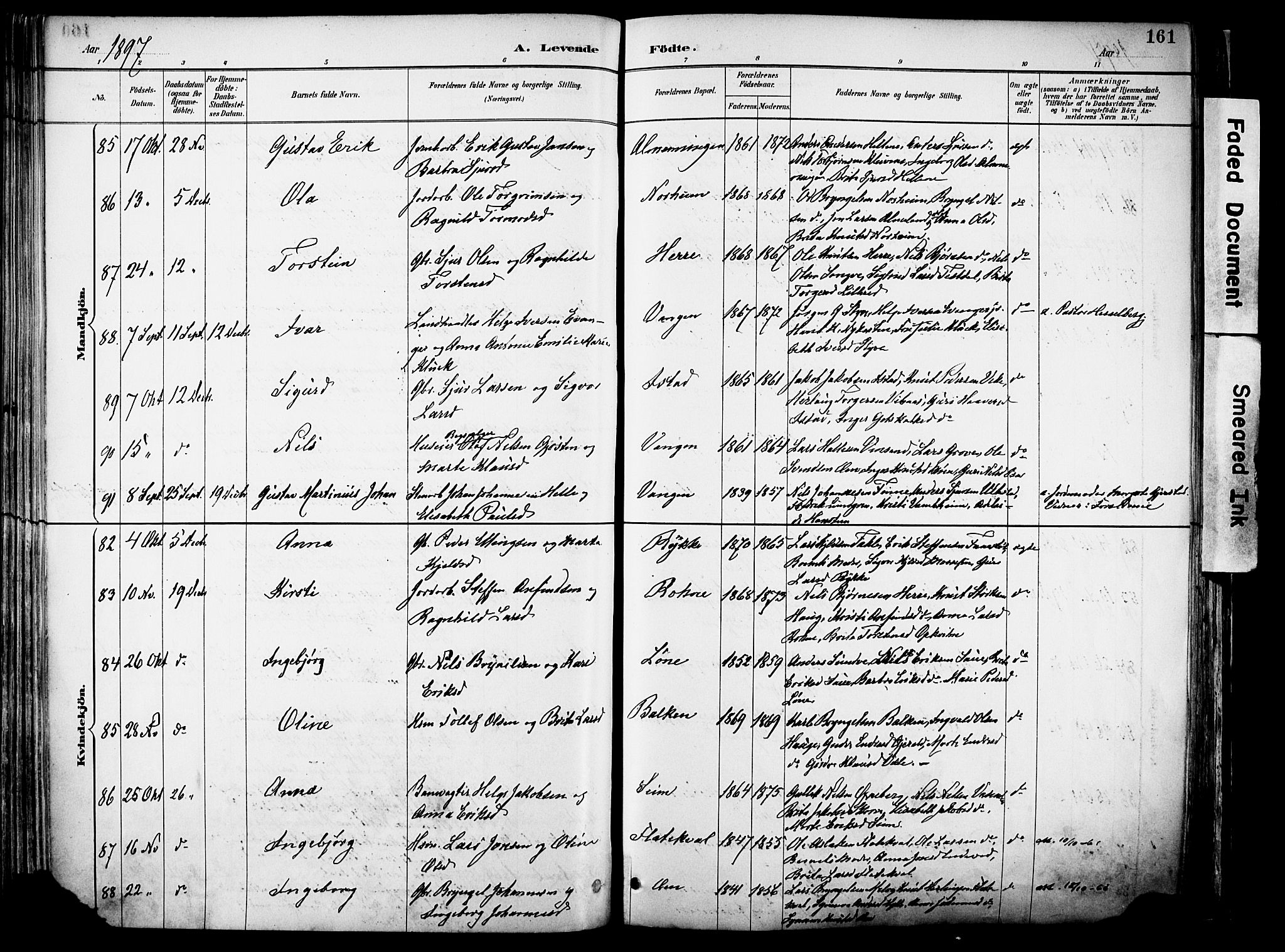 Voss sokneprestembete, SAB/A-79001/H/Haa: Parish register (official) no. A 21, 1887-1903, p. 161
