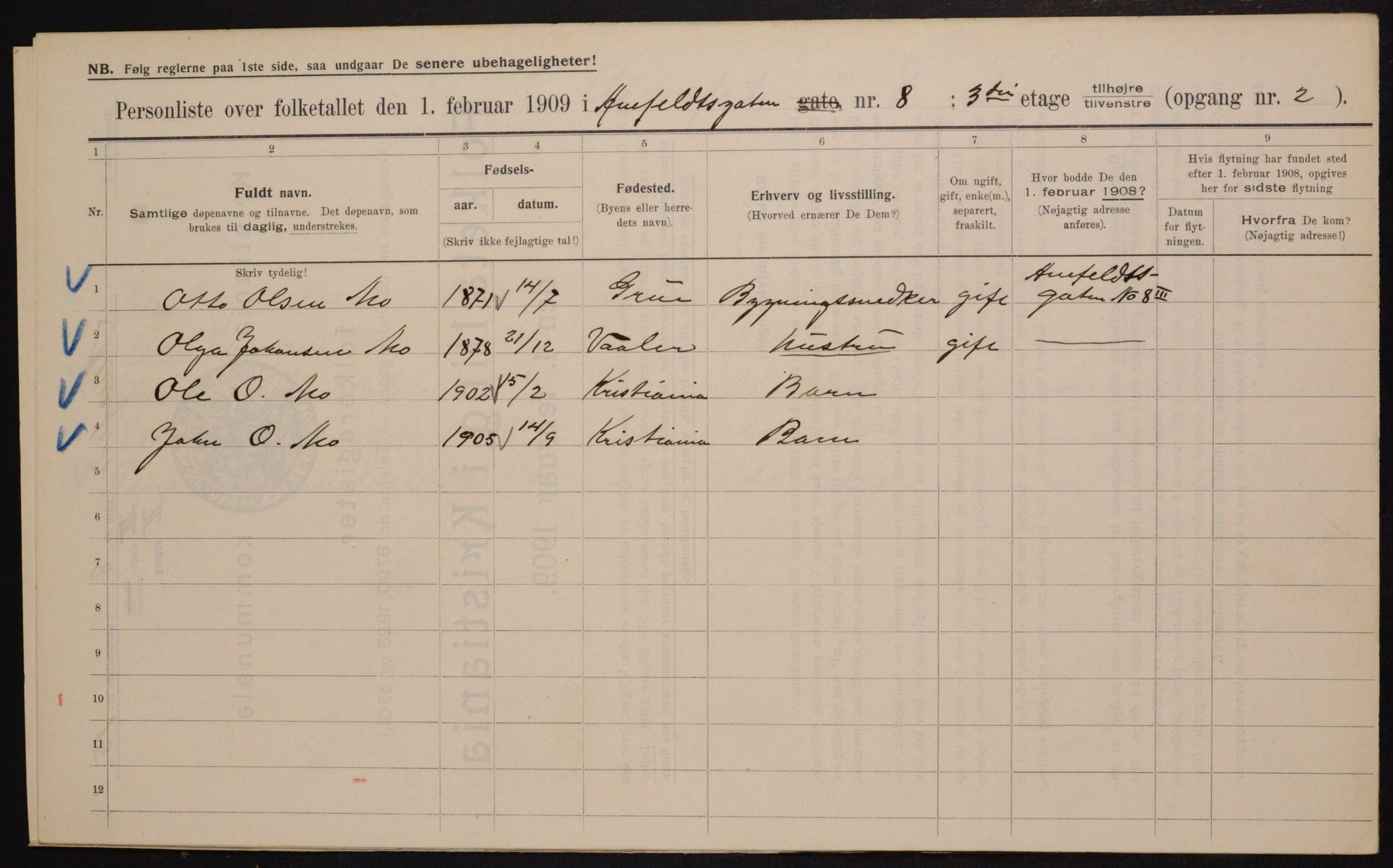 OBA, Municipal Census 1909 for Kristiania, 1909, p. 1145