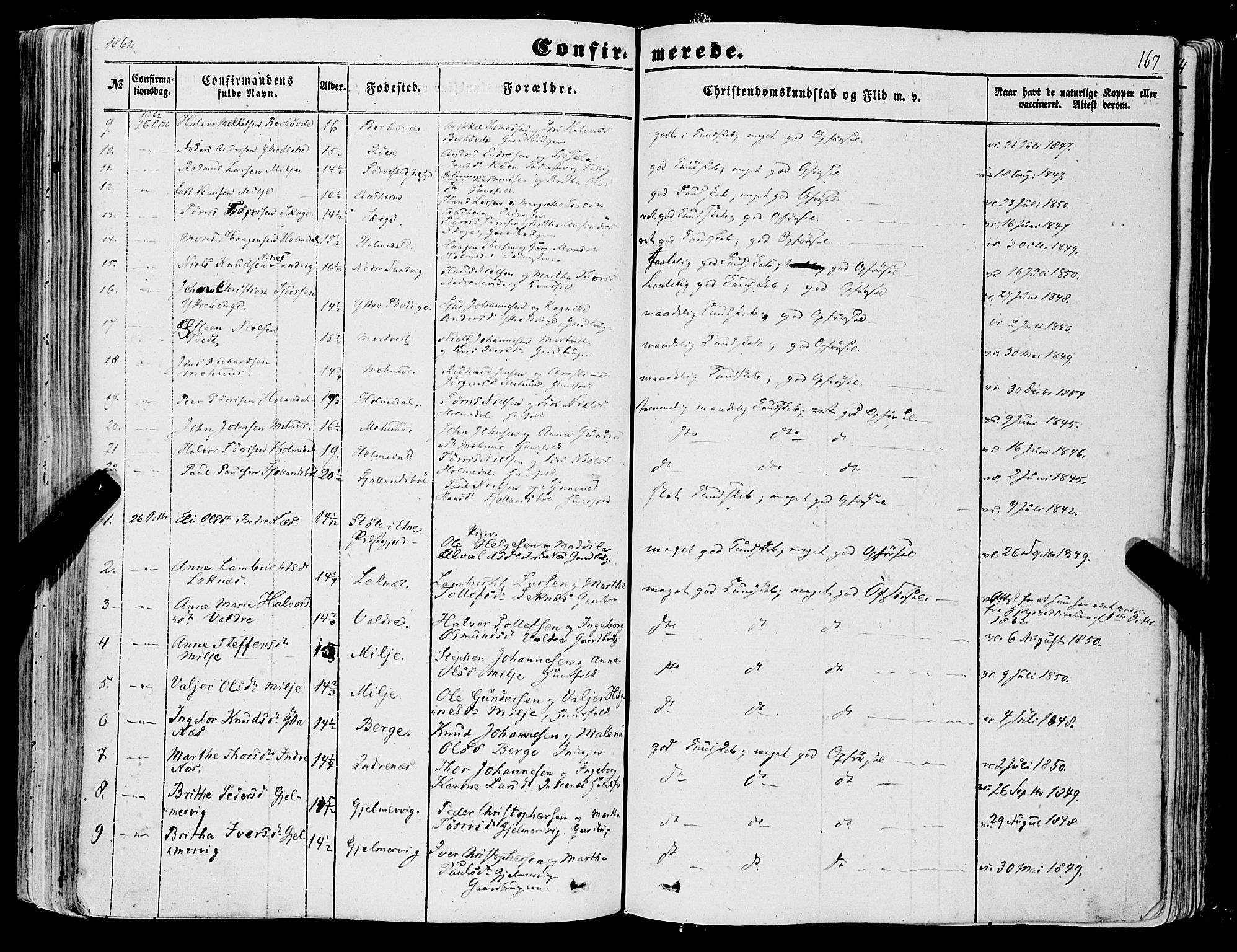 Skånevik sokneprestembete, AV/SAB-A-77801/H/Haa: Parish register (official) no. A 5I, 1848-1869, p. 167