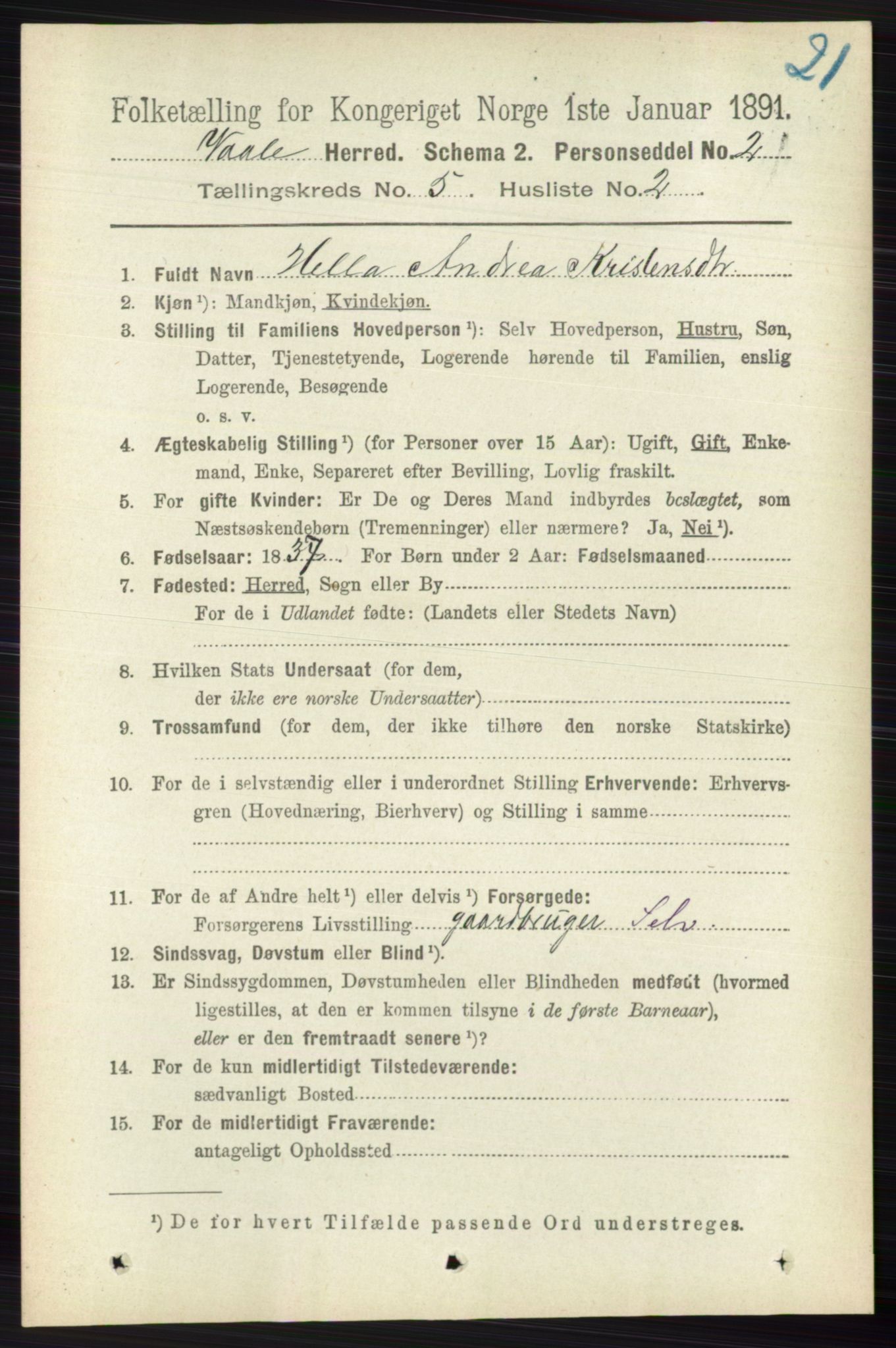 RA, 1891 census for 0716 Våle, 1891, p. 1357