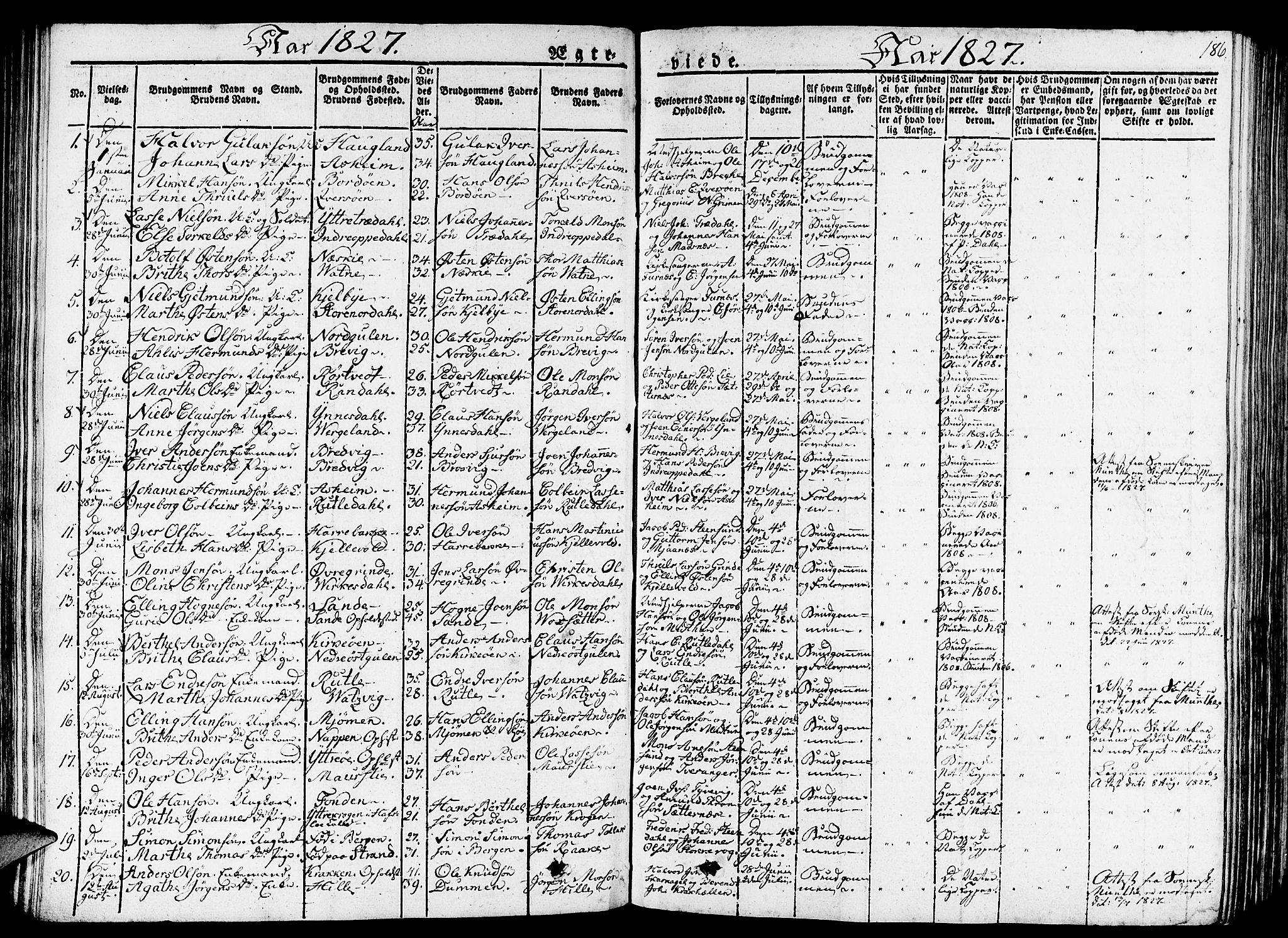 Gulen sokneprestembete, AV/SAB-A-80201/H/Haa/Haaa/L0019: Parish register (official) no. A 19, 1826-1836, p. 186