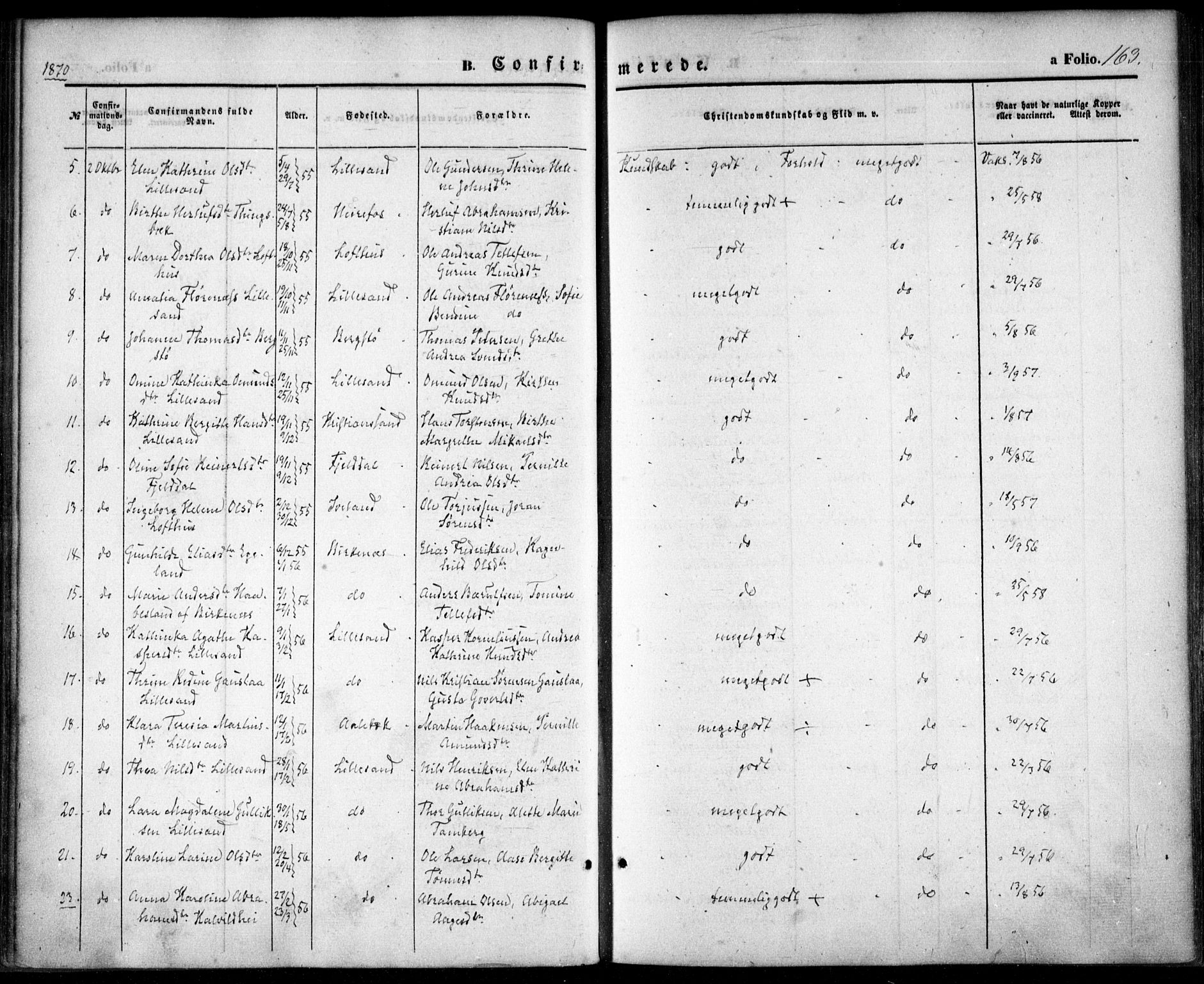 Vestre Moland sokneprestkontor, SAK/1111-0046/F/Fa/Fab/L0007: Parish register (official) no. A 7, 1859-1872, p. 163