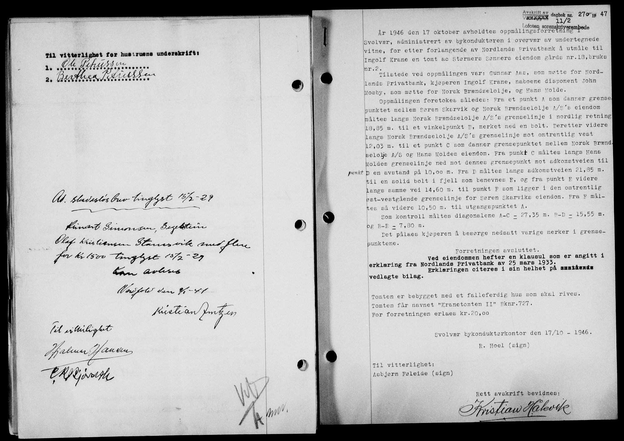 Lofoten sorenskriveri, SAT/A-0017/1/2/2C/L0015a: Mortgage book no. 15a, 1946-1947, Diary no: : 270/1947