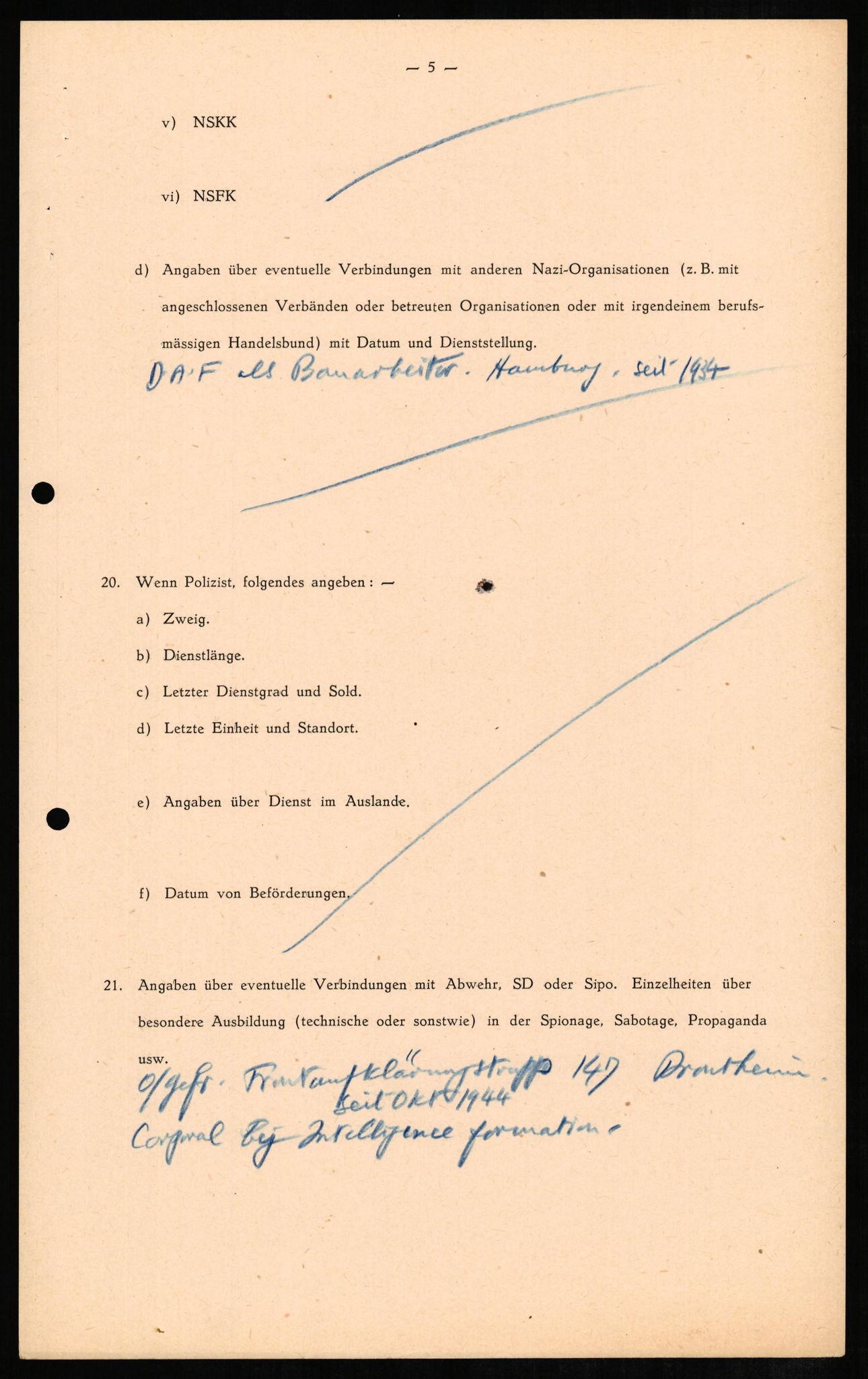 Forsvaret, Forsvarets overkommando II, RA/RAFA-3915/D/Db/L0008: CI Questionaires. Tyske okkupasjonsstyrker i Norge. Tyskere., 1945-1946, p. 6