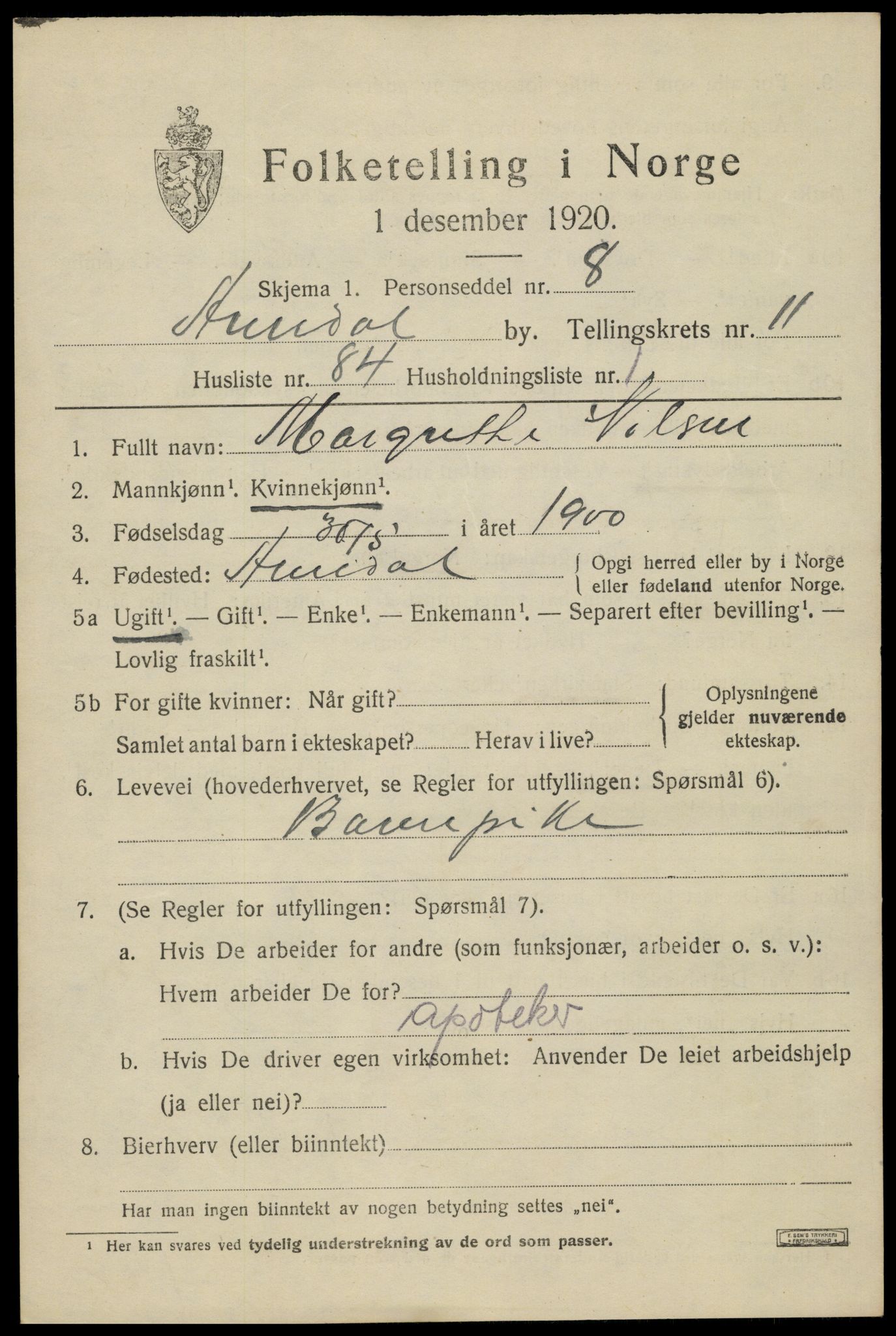 SAK, 1920 census for Arendal, 1920, p. 19036